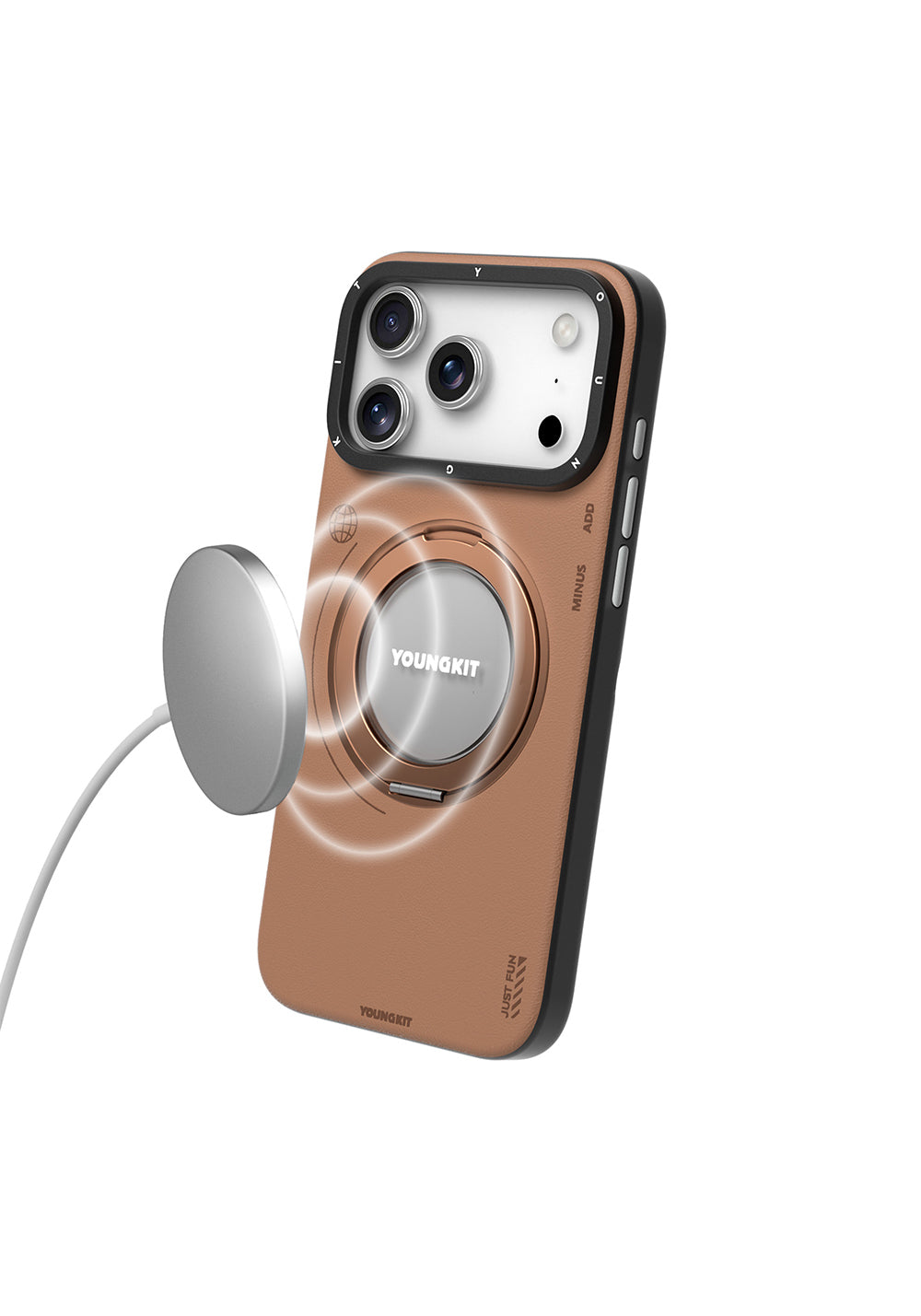Apple iPhone 17 Pro Kılıf Manyetik Şarj Uyumlu 360 Derece Standlı Basit Mat Deri Desenli Youngkit Tech Leather Serisi Kapak