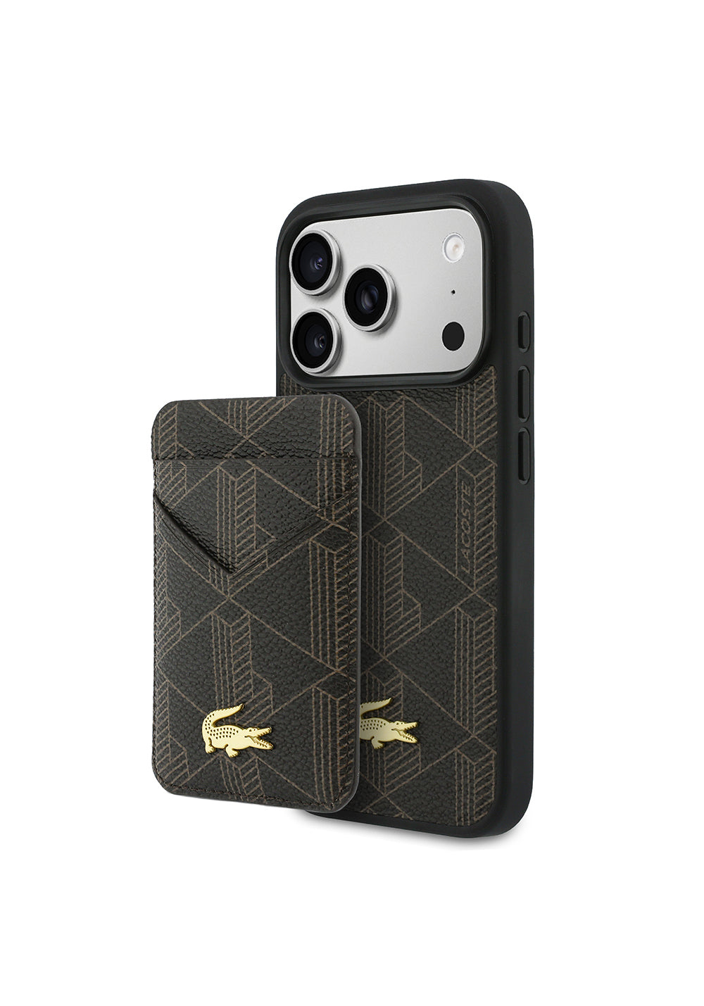 Apple iPhone 17 Pro Max Kılıf Lacoste Orijinal Lisanslı Manyetik Şarj Uyumlu PU Deri Tasarımlı Kartlıklı Karışık Monogram Desenli Kapak