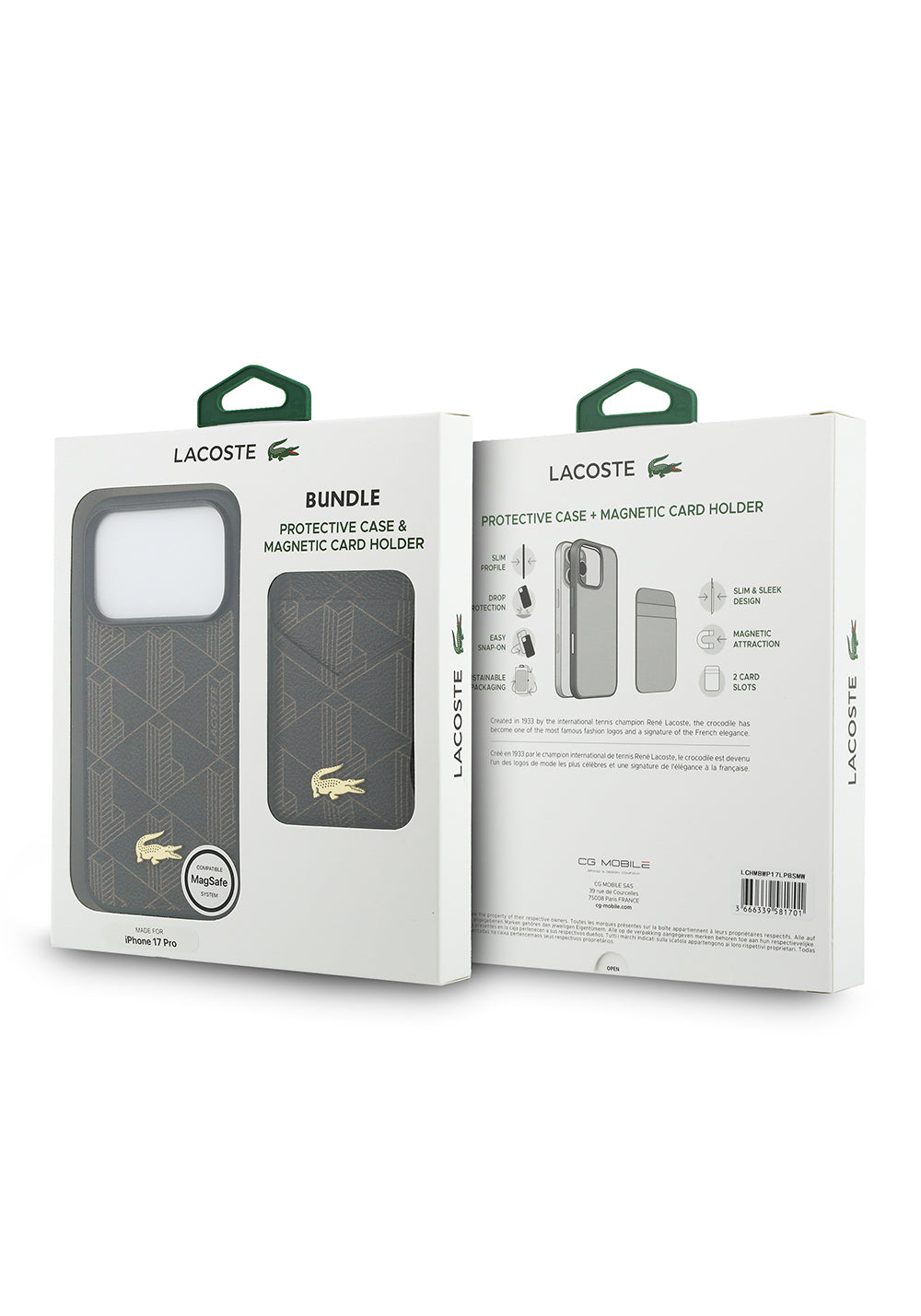 Apple iPhone 17 Pro Max Kılıf Lacoste Orijinal Lisanslı Manyetik Şarj Uyumlu PU Deri Tasarımlı Kartlıklı Karışık Monogram Desenli Kapak