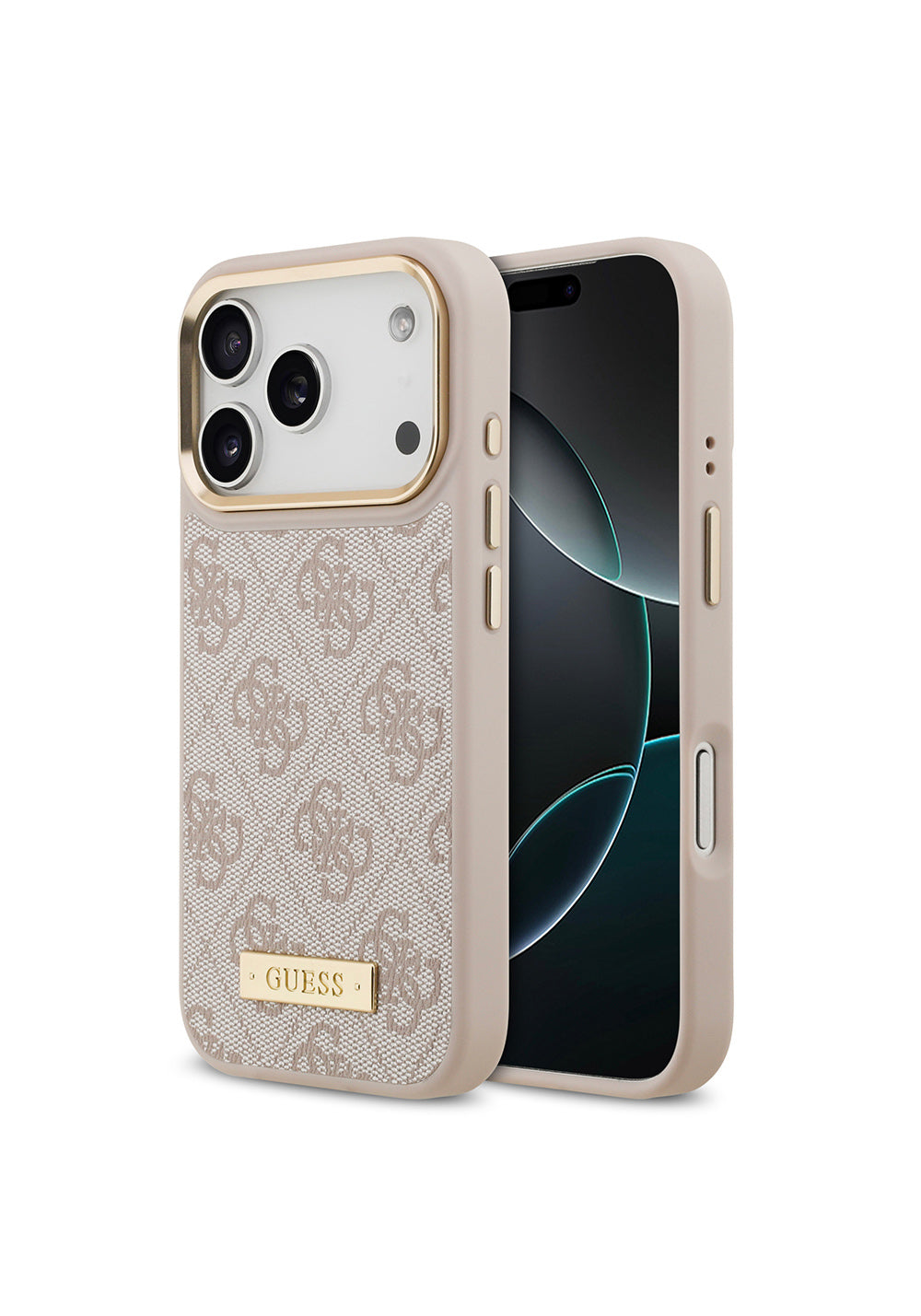 Apple iPhone 17 Pro Kılıf Guess Orijinal Lisanslı Manyetik Şarj Uyumlu 4G Desenli PU Metal Plaka Klasik Logolu Kapak