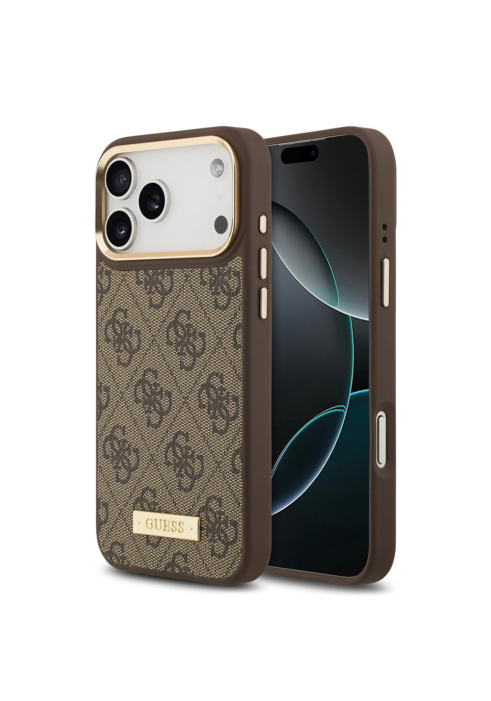 Apple iPhone 17 Pro Max Kılıf Guess Orijinal Lisanslı Manyetik Şarj Uyumlu 4G Desenli PU Metal Plaka Klasik Logolu Kapak