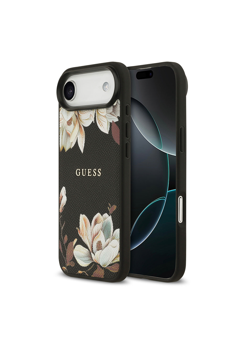 Apple iPhone 17 Air Kılıf Guess Orijinal Lisanslı Manyetik Şarj Uyumlu Taneli Çiçek Tasarımlı Metal Yazı Logolu Kapak
