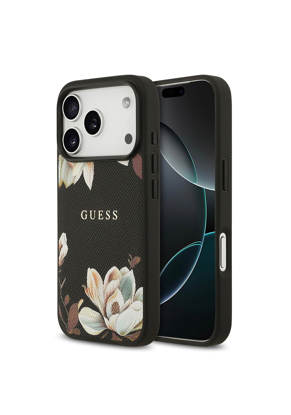 Apple iPhone 17 Pro Kılıf Guess Orijinal Lisanslı Manyetik Şarj Uyumlu Taneli Çiçek Tasarımlı Metal Yazı Logolu Kapak