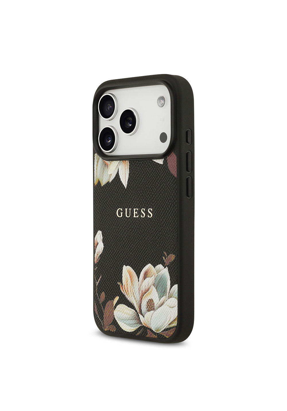 Apple iPhone 17 Pro Kılıf Guess Orijinal Lisanslı Manyetik Şarj Uyumlu Taneli Çiçek Tasarımlı Metal Yazı Logolu Kapak