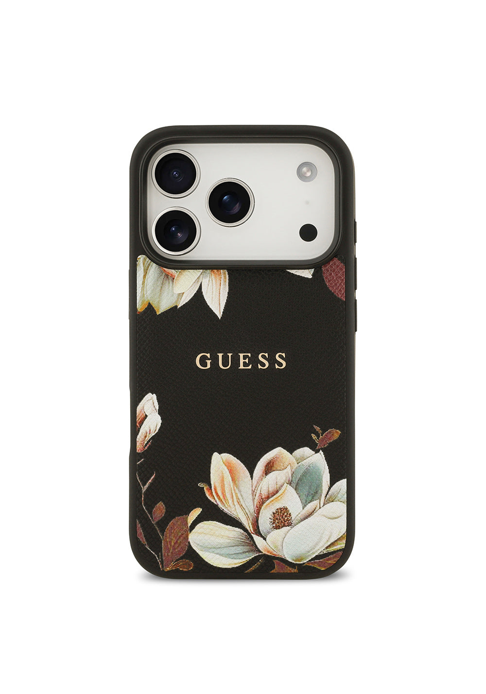 Apple iPhone 17 Pro Kılıf Guess Orijinal Lisanslı Manyetik Şarj Uyumlu Taneli Çiçek Tasarımlı Metal Yazı Logolu Kapak