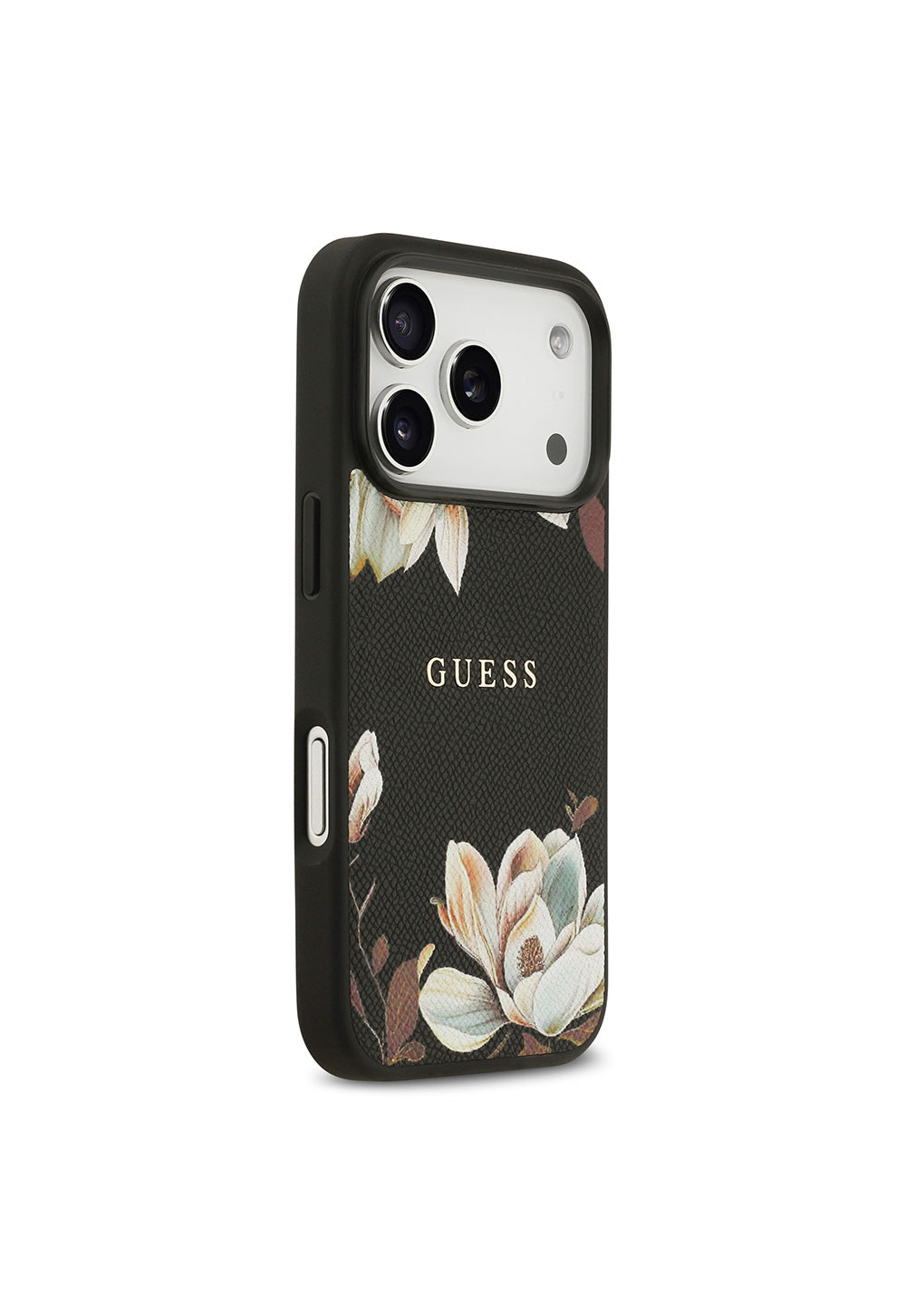 Apple iPhone 17 Pro Kılıf Guess Orijinal Lisanslı Manyetik Şarj Uyumlu Taneli Çiçek Tasarımlı Metal Yazı Logolu Kapak