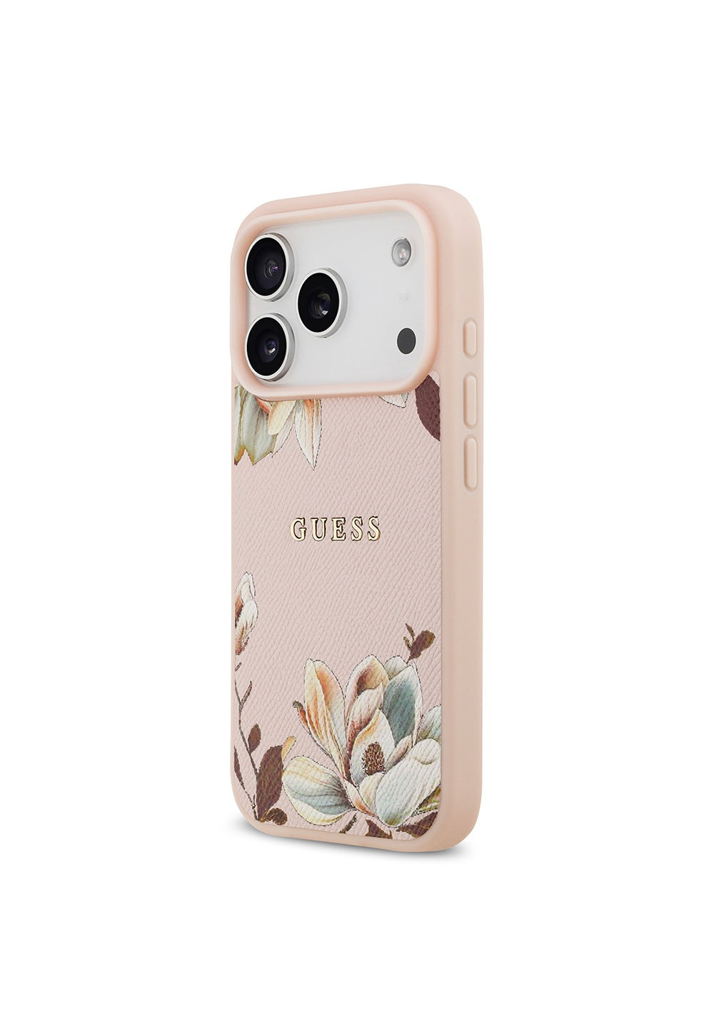 Apple iPhone 17 Pro Kılıf Guess Orijinal Lisanslı Manyetik Şarj Uyumlu Taneli Çiçek Tasarımlı Metal Yazı Logolu Kapak