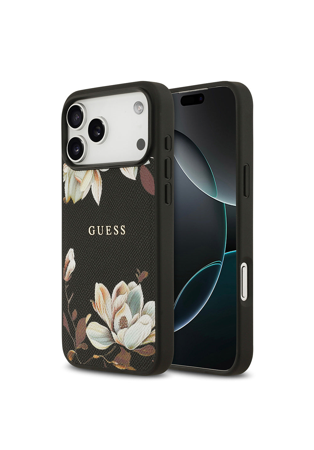 Apple iPhone 17 Pro Max Kılıf Guess Orijinal Lisanslı Manyetik Şarj Uyumlu Taneli Çiçek Tasarımlı Metal Yazı Logolu Kapak
