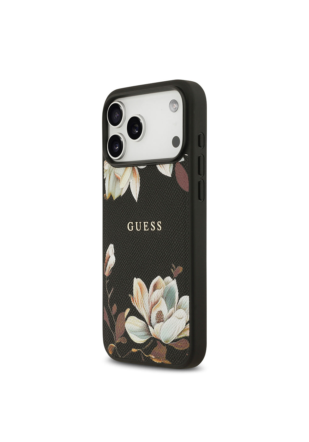 Apple iPhone 17 Pro Max Kılıf Guess Orijinal Lisanslı Manyetik Şarj Uyumlu Taneli Çiçek Tasarımlı Metal Yazı Logolu Kapak