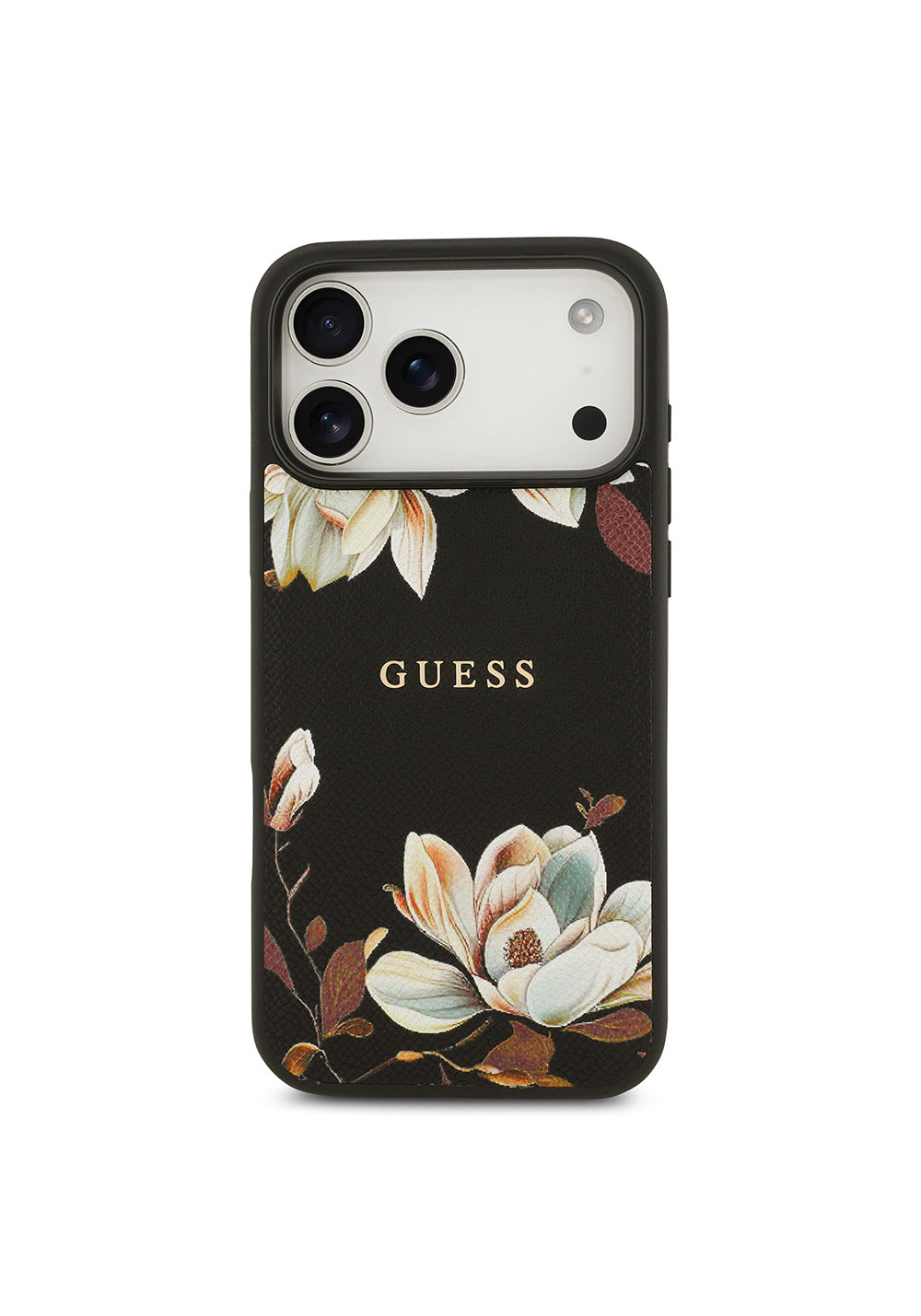 Apple iPhone 17 Pro Max Kılıf Guess Orijinal Lisanslı Manyetik Şarj Uyumlu Taneli Çiçek Tasarımlı Metal Yazı Logolu Kapak