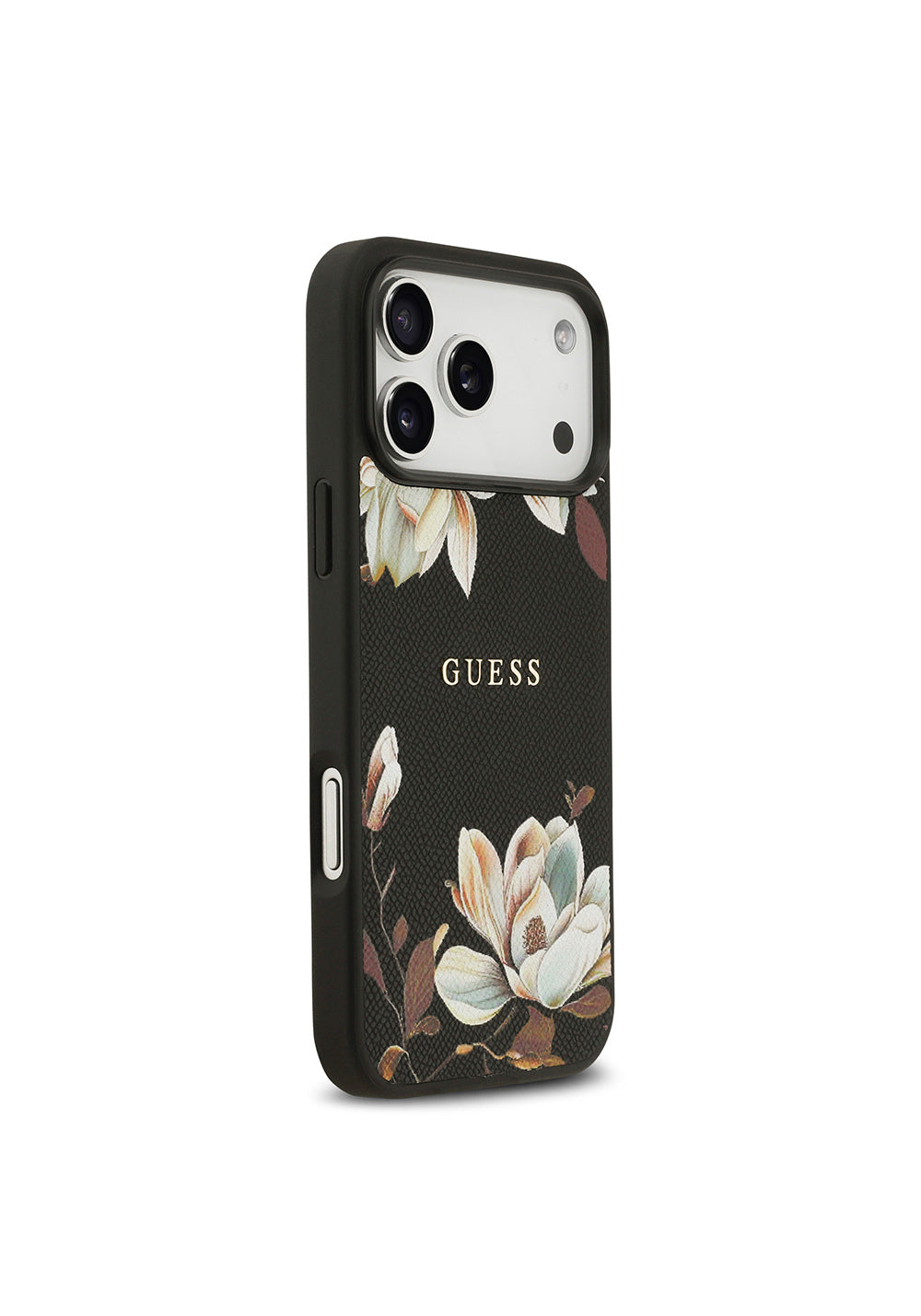 Apple iPhone 17 Pro Max Kılıf Guess Orijinal Lisanslı Manyetik Şarj Uyumlu Taneli Çiçek Tasarımlı Metal Yazı Logolu Kapak