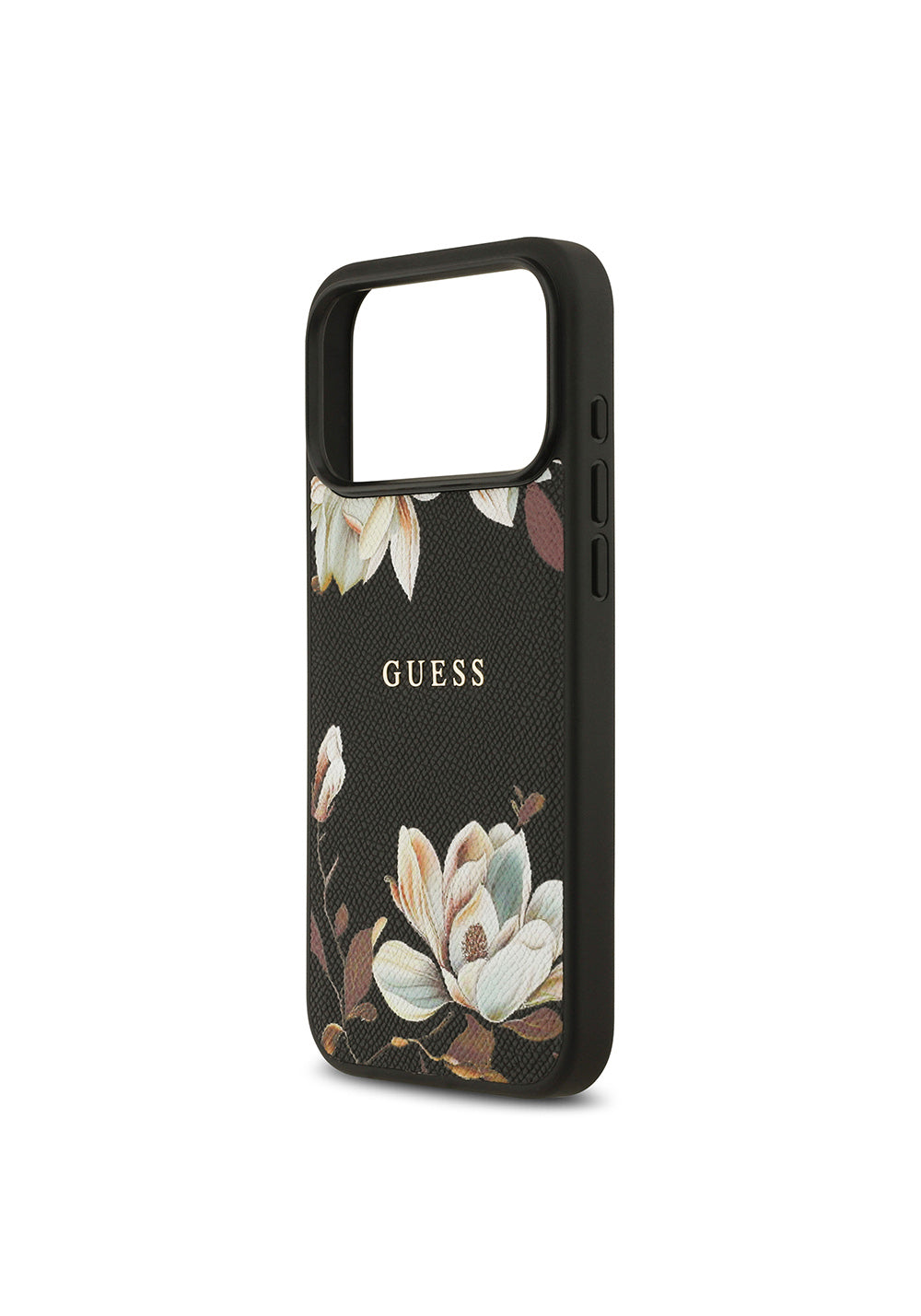 Apple iPhone 17 Pro Max Kılıf Guess Orijinal Lisanslı Manyetik Şarj Uyumlu Taneli Çiçek Tasarımlı Metal Yazı Logolu Kapak