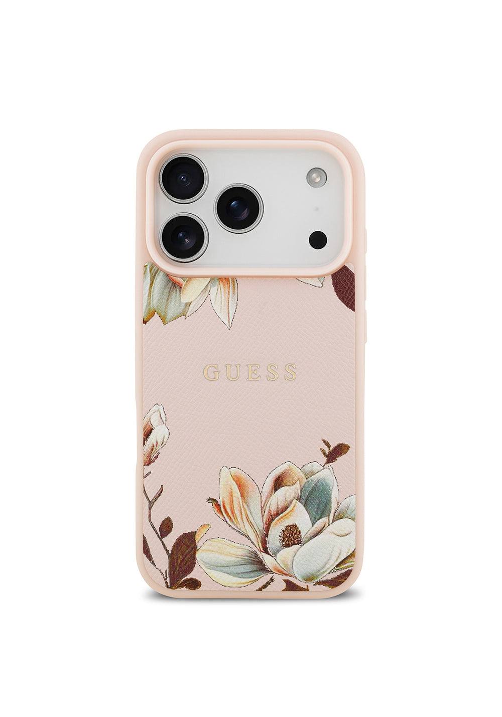 Apple iPhone 17 Pro Max Kılıf Guess Orijinal Lisanslı Manyetik Şarj Uyumlu Taneli Çiçek Tasarımlı Metal Yazı Logolu Kapak