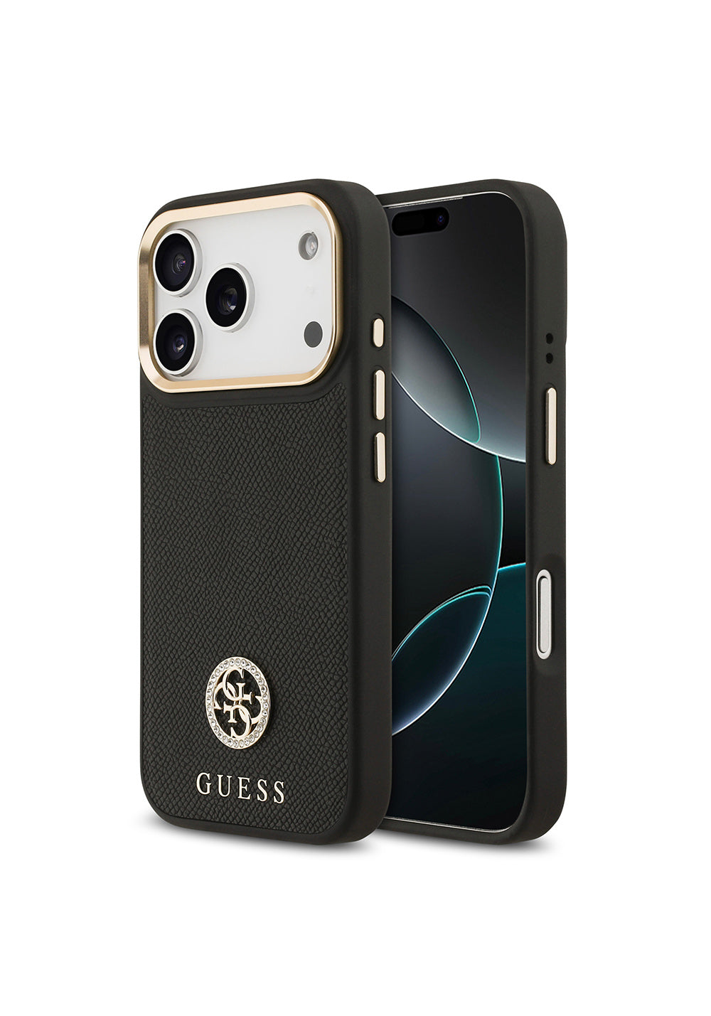 Apple iPhone 17 Pro Kılıf Guess Orijinal Lisanslı Manyetik Şarj Uyumlu Grained Yazı ve Taşlı 4G Logolu Kapak