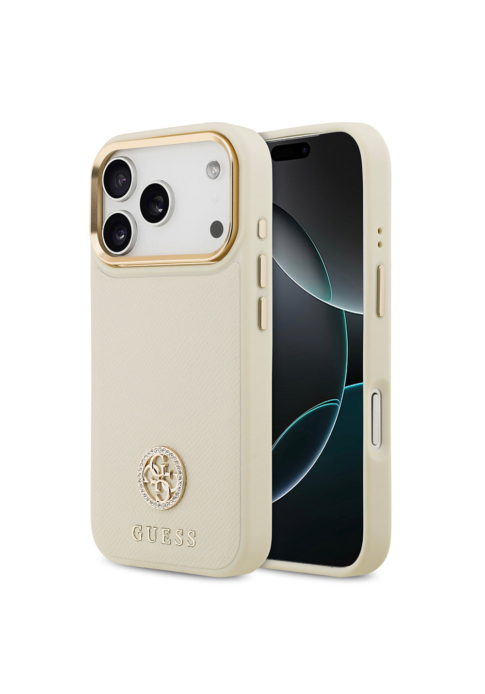 Apple iPhone 17 Pro Kılıf Guess Orijinal Lisanslı Manyetik Şarj Uyumlu Grained Yazı ve Taşlı 4G Logolu Kapak