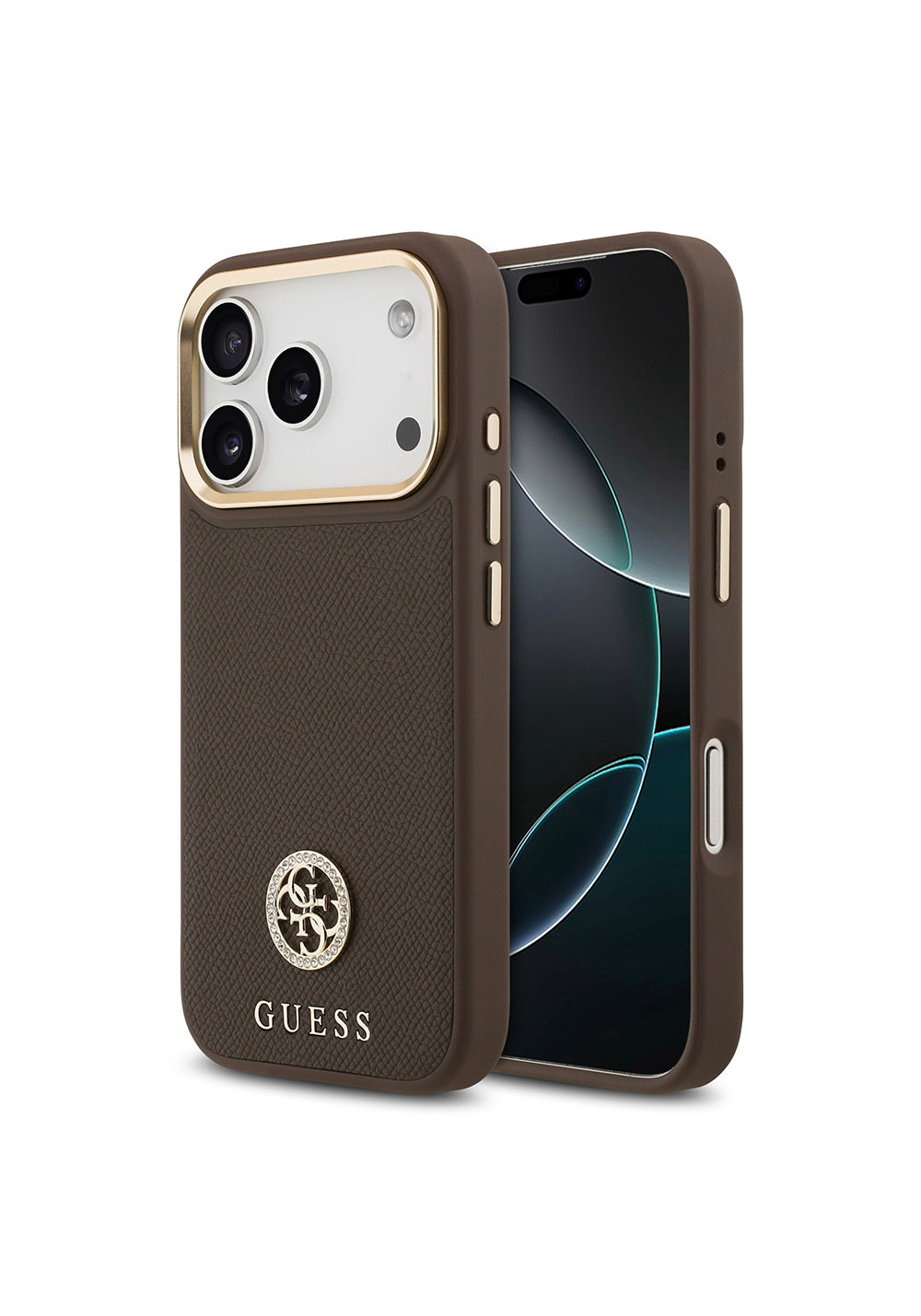 Apple iPhone 17 Pro Kılıf Guess Orijinal Lisanslı Manyetik Şarj Uyumlu Grained Yazı ve Taşlı 4G Logolu Kapak