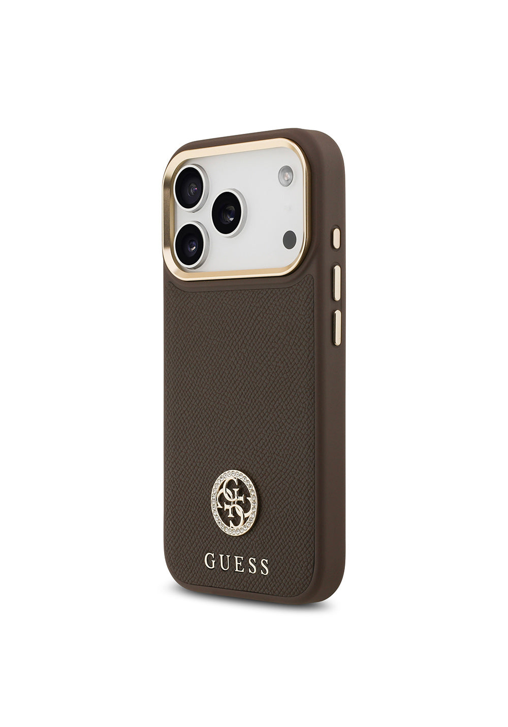 Apple iPhone 17 Pro Kılıf Guess Orijinal Lisanslı Manyetik Şarj Uyumlu Grained Yazı ve Taşlı 4G Logolu Kapak