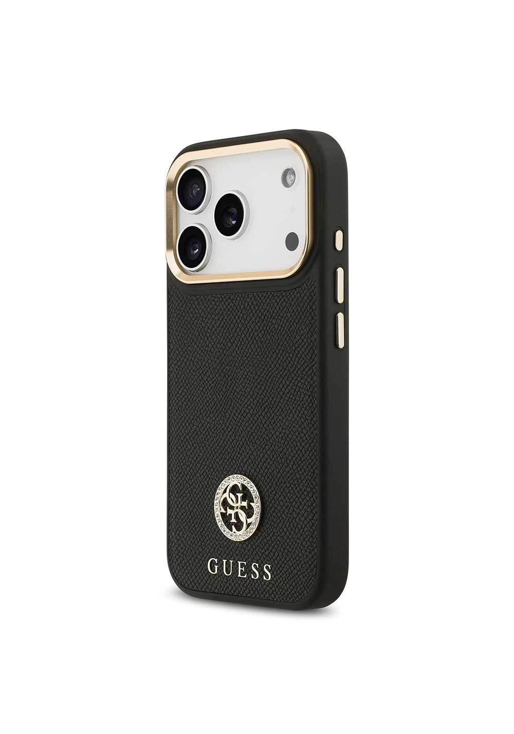 Apple iPhone 17 Pro Kılıf Guess Orijinal Lisanslı Manyetik Şarj Uyumlu Grained Yazı ve Taşlı 4G Logolu Kapak