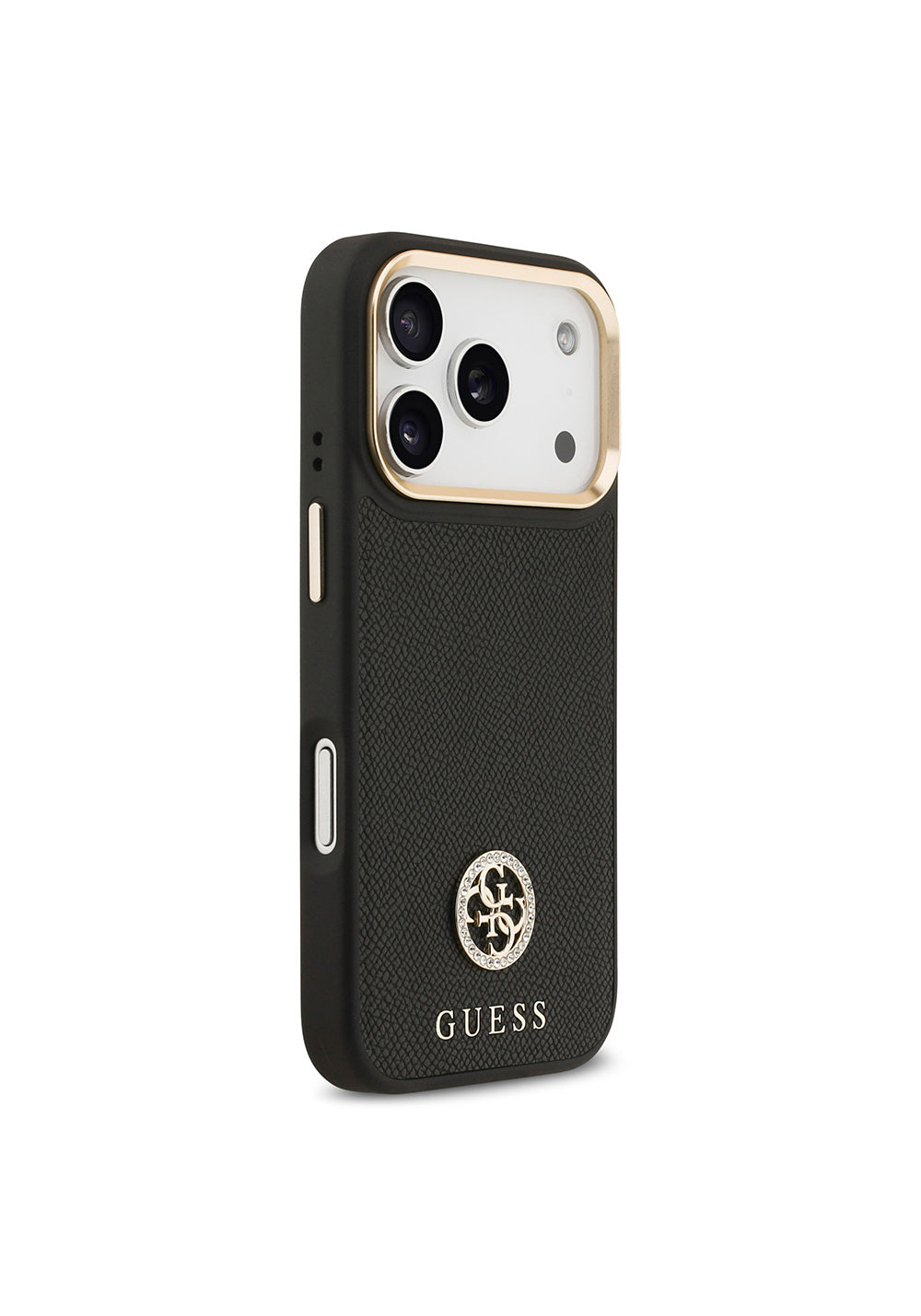 Apple iPhone 17 Pro Kılıf Guess Orijinal Lisanslı Manyetik Şarj Uyumlu Grained Yazı ve Taşlı 4G Logolu Kapak