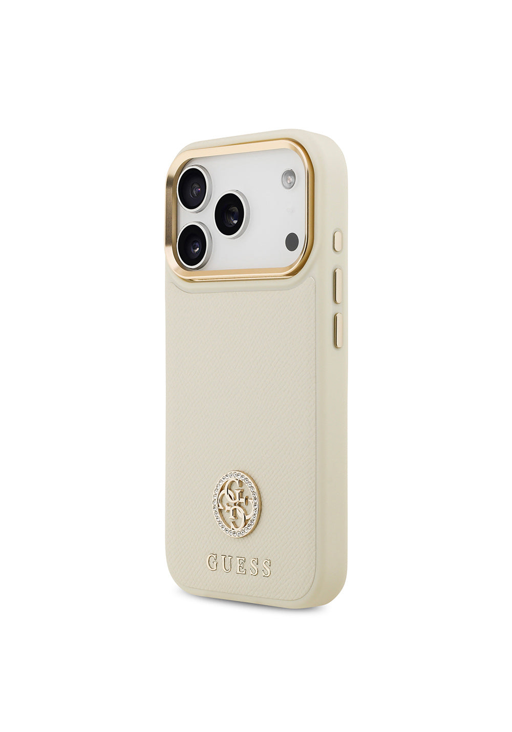 Apple iPhone 17 Pro Kılıf Guess Orijinal Lisanslı Manyetik Şarj Uyumlu Grained Yazı ve Taşlı 4G Logolu Kapak