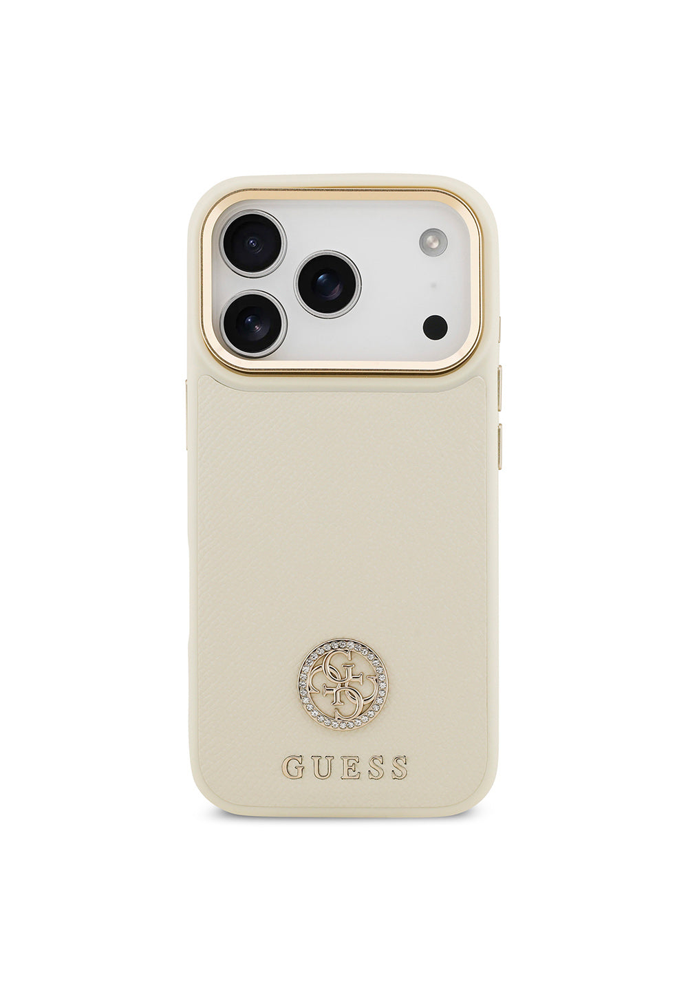 Apple iPhone 17 Pro Kılıf Guess Orijinal Lisanslı Manyetik Şarj Uyumlu Grained Yazı ve Taşlı 4G Logolu Kapak