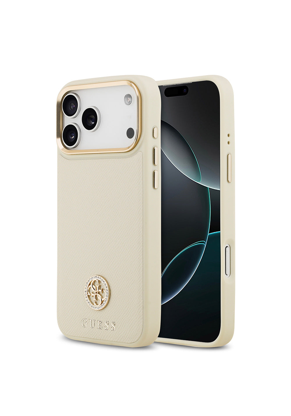 Apple iPhone 17 Pro Max Kılıf Guess Orijinal Lisanslı Manyetik Şarj Uyumlu Grained Yazı ve Taşlı 4G Logolu Kapak