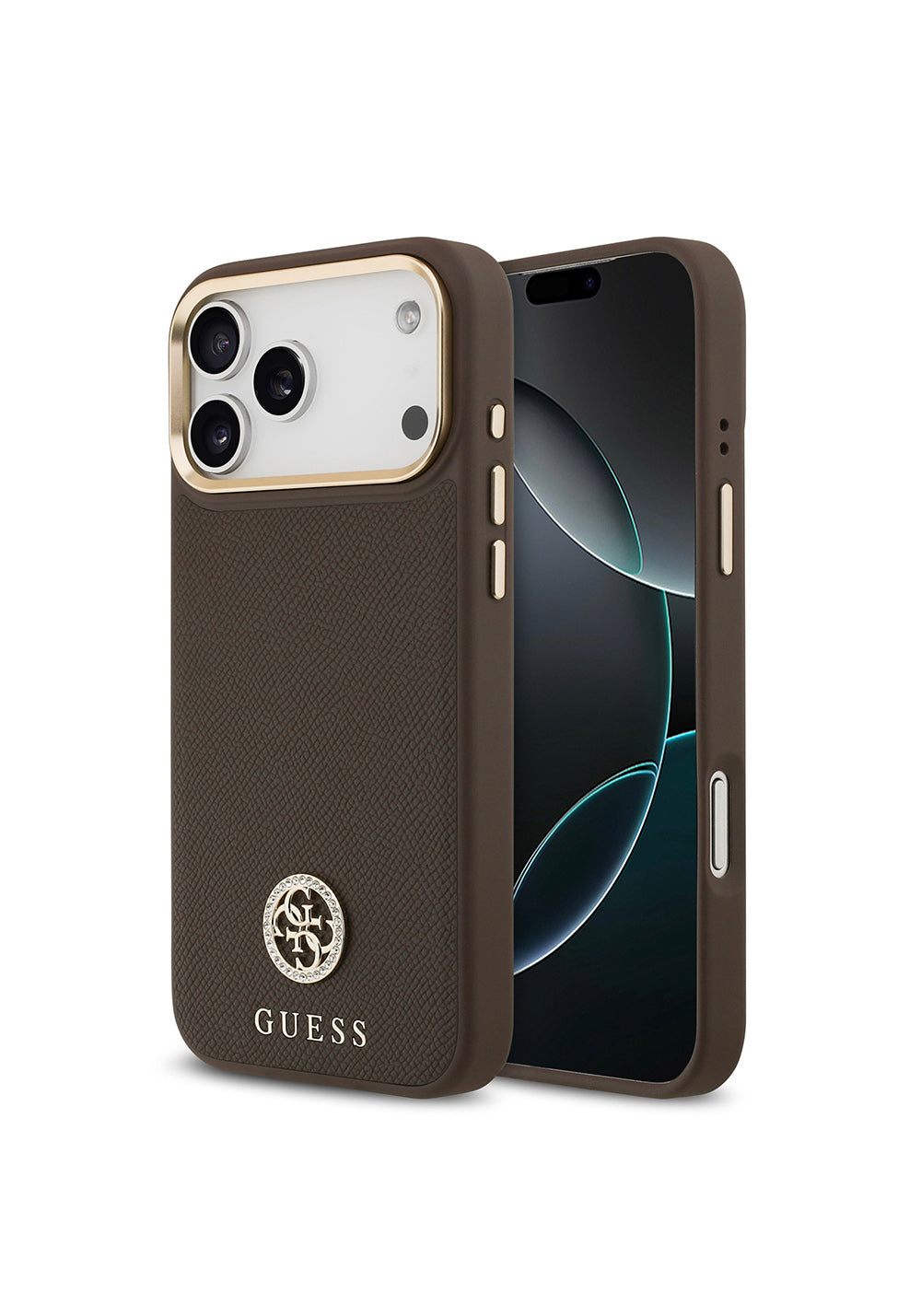 Apple iPhone 17 Pro Max Kılıf Guess Orijinal Lisanslı Manyetik Şarj Uyumlu Grained Yazı ve Taşlı 4G Logolu Kapak