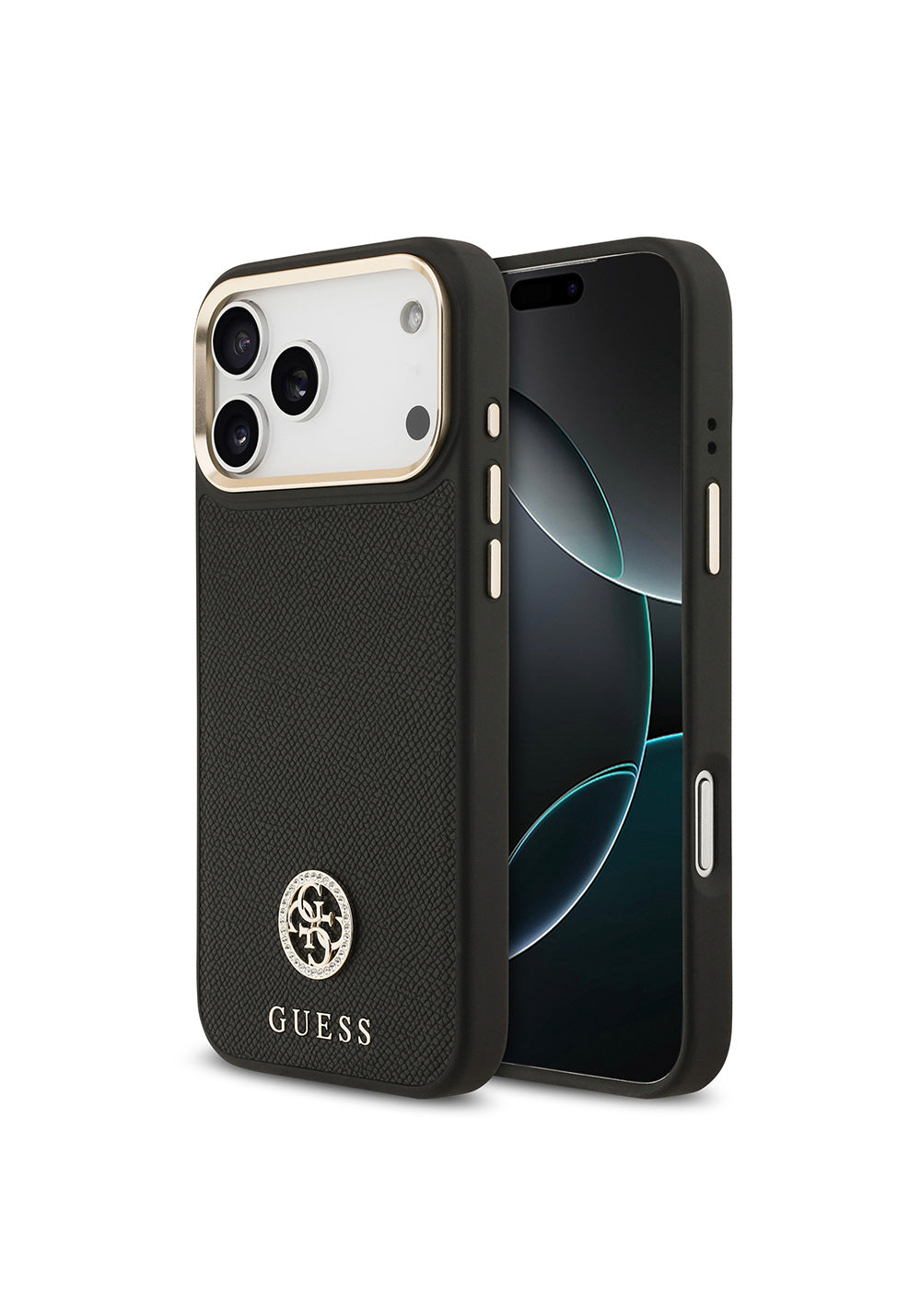 Apple iPhone 17 Pro Max Kılıf Guess Orijinal Lisanslı Manyetik Şarj Uyumlu Grained Yazı ve Taşlı 4G Logolu Kapak