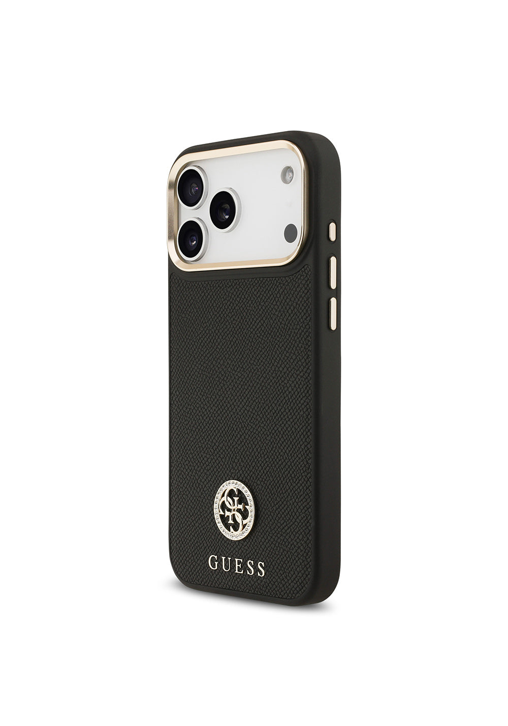 Apple iPhone 17 Pro Max Kılıf Guess Orijinal Lisanslı Manyetik Şarj Uyumlu Grained Yazı ve Taşlı 4G Logolu Kapak