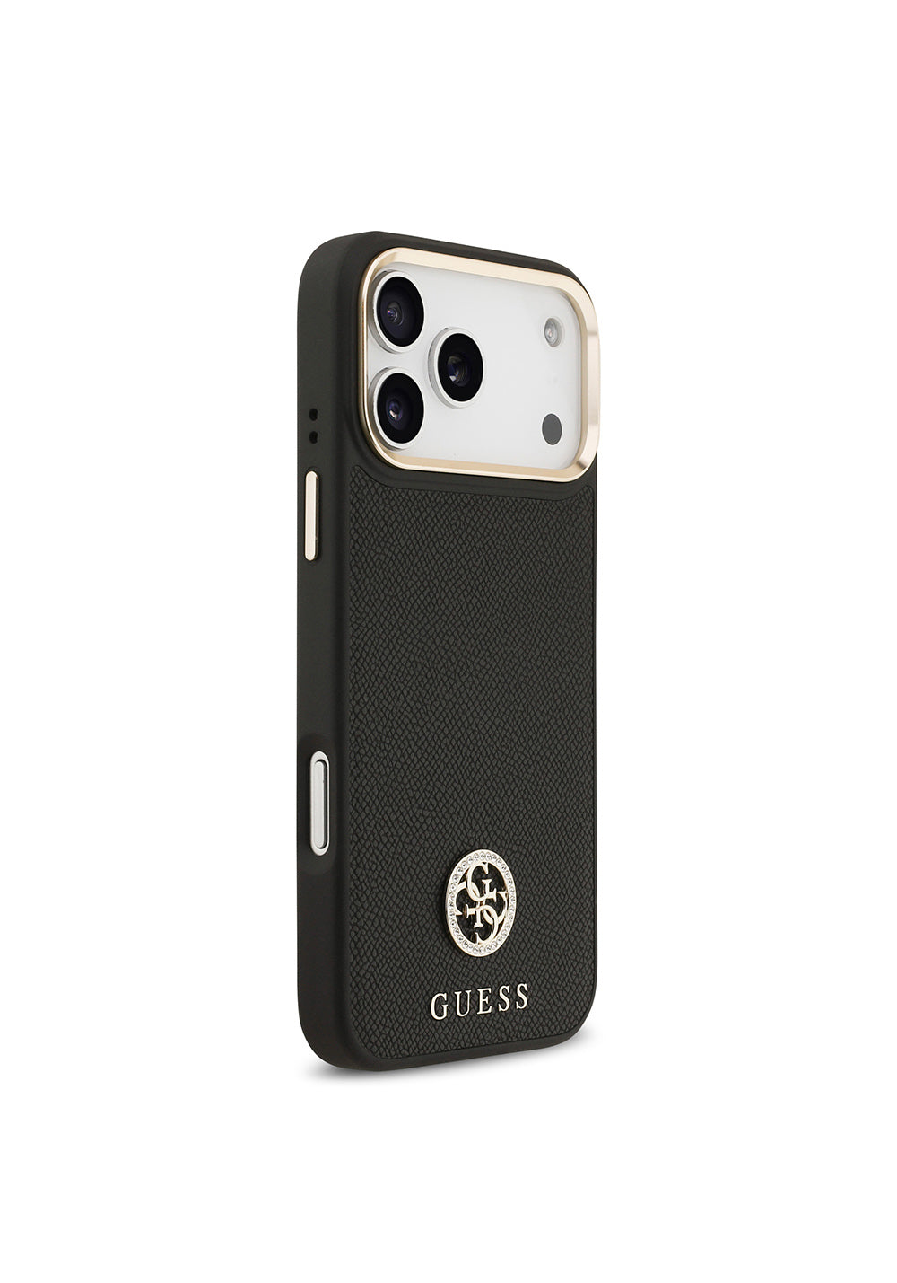Apple iPhone 17 Pro Max Kılıf Guess Orijinal Lisanslı Manyetik Şarj Uyumlu Grained Yazı ve Taşlı 4G Logolu Kapak
