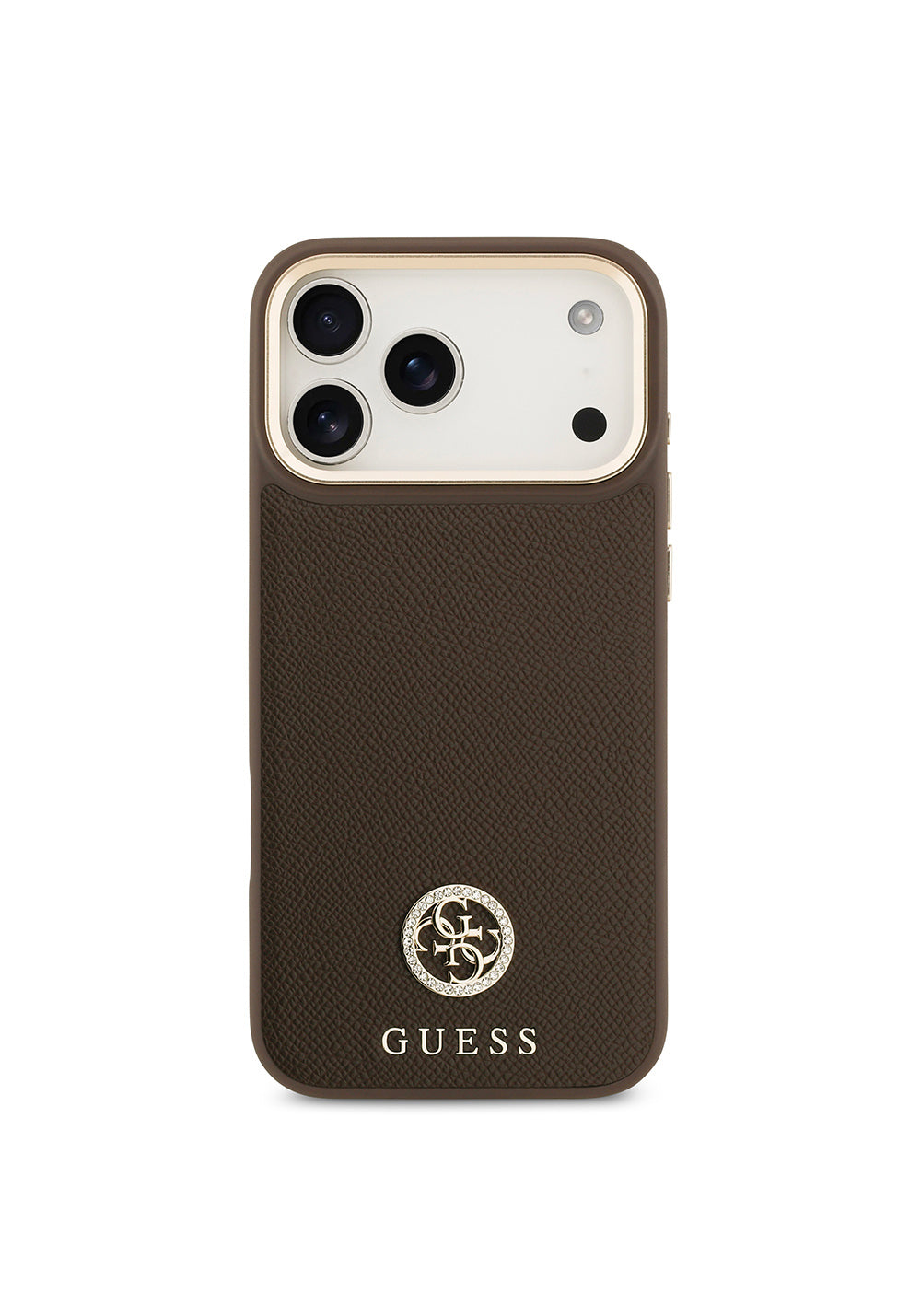 Apple iPhone 17 Pro Max Kılıf Guess Orijinal Lisanslı Manyetik Şarj Uyumlu Grained Yazı ve Taşlı 4G Logolu Kapak