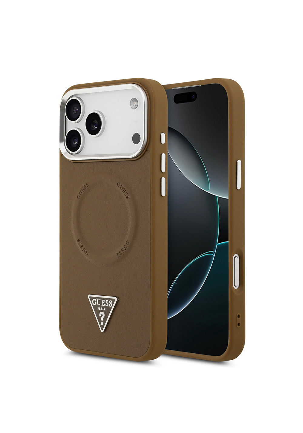 Apple iPhone 17 Pro Kılıf Guess Orijinal Lisanslı Manyetik Şarj Uyumlu PU Deri Metal Kamera Çerçeveli Üçgen Logolu Kapak
