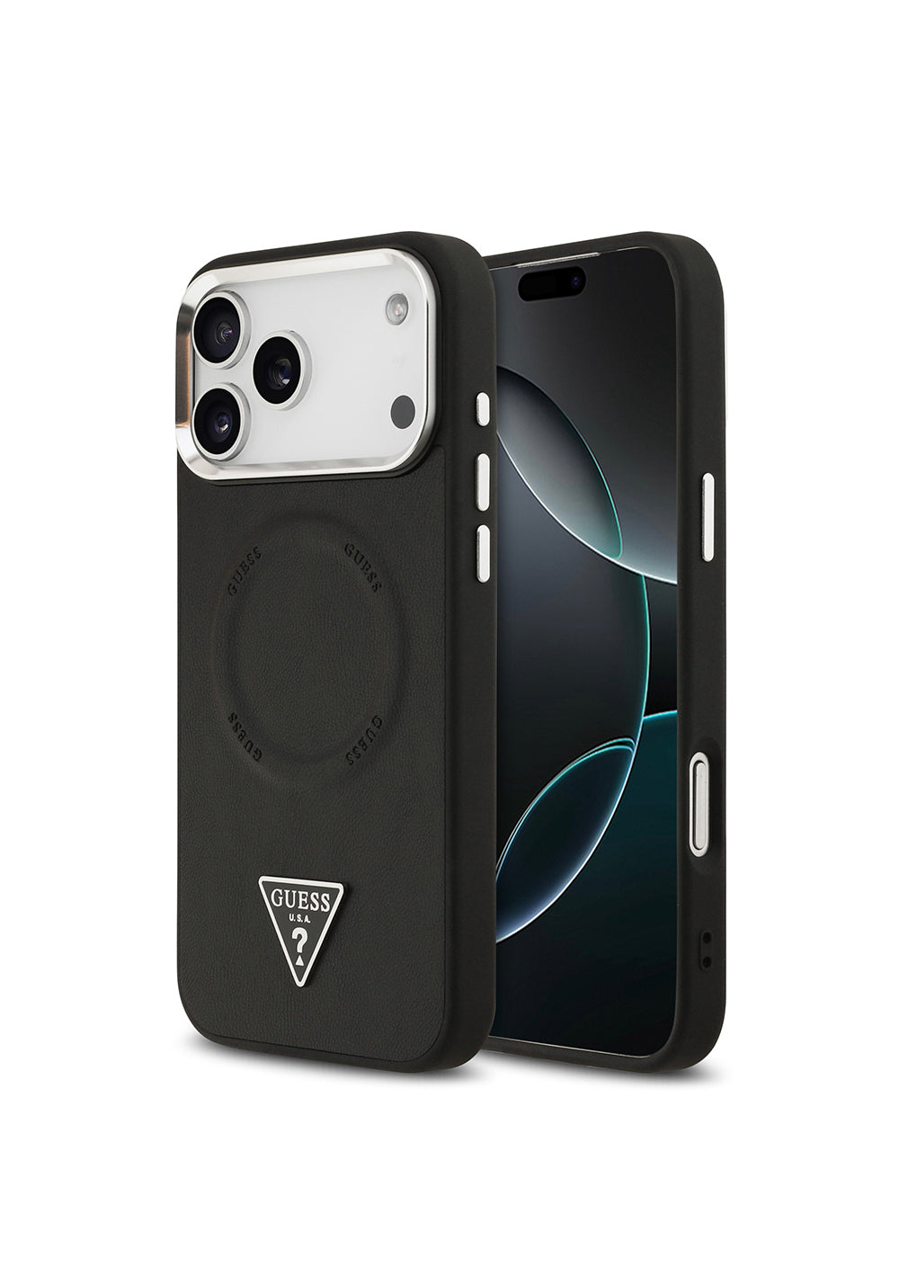 Apple iPhone 17 Pro Kılıf Guess Orijinal Lisanslı Manyetik Şarj Uyumlu PU Deri Metal Kamera Çerçeveli Üçgen Logolu Kapak