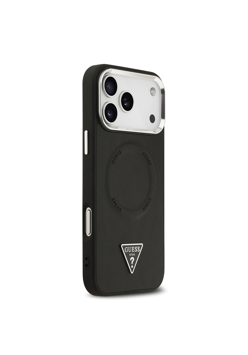 Apple iPhone 17 Pro Kılıf Guess Orijinal Lisanslı Manyetik Şarj Uyumlu PU Deri Metal Kamera Çerçeveli Üçgen Logolu Kapak