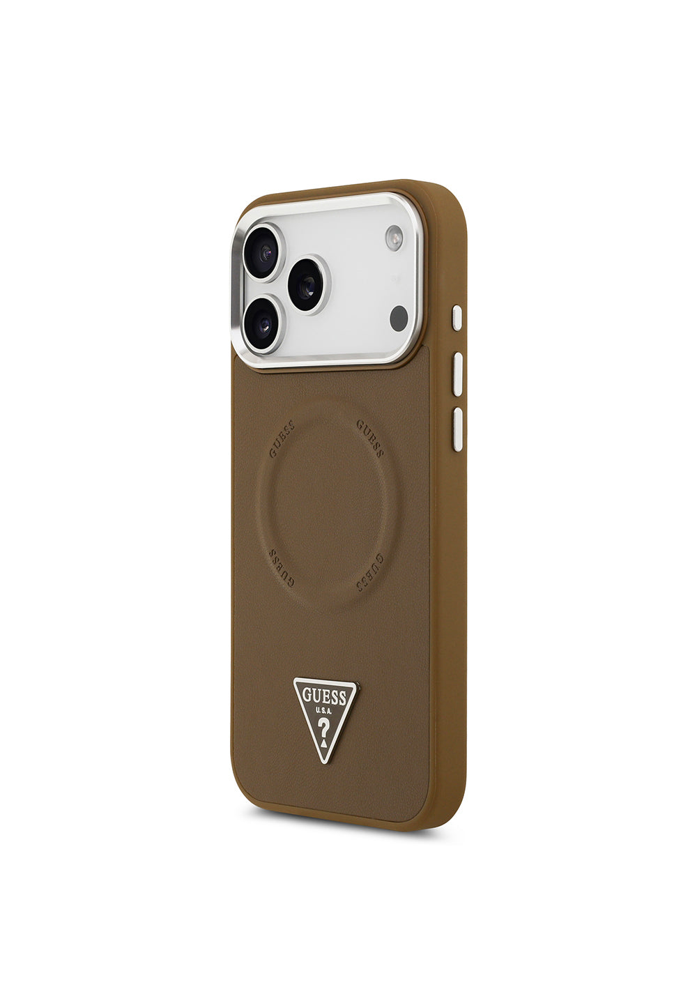 Apple iPhone 17 Pro Kılıf Guess Orijinal Lisanslı Manyetik Şarj Uyumlu PU Deri Metal Kamera Çerçeveli Üçgen Logolu Kapak