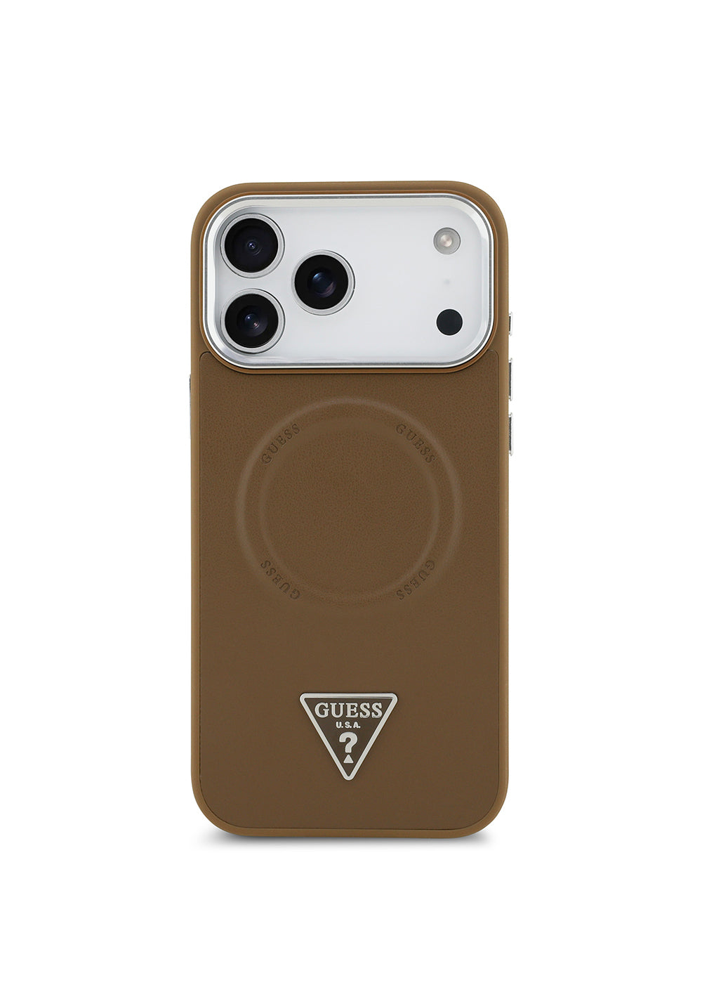 Apple iPhone 17 Pro Kılıf Guess Orijinal Lisanslı Manyetik Şarj Uyumlu PU Deri Metal Kamera Çerçeveli Üçgen Logolu Kapak