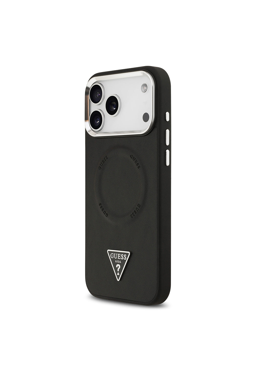 Apple iPhone 17 Pro Max Kılıf Guess Orijinal Lisanslı Manyetik Şarj Uyumlu PU Deri Metal Kamera Çerçeveli Üçgen Logolu Kapak