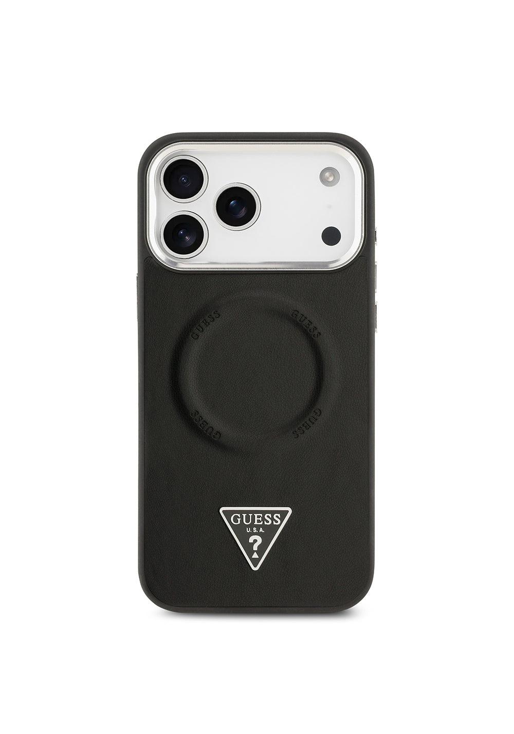 Apple iPhone 17 Pro Max Kılıf Guess Orijinal Lisanslı Manyetik Şarj Uyumlu PU Deri Metal Kamera Çerçeveli Üçgen Logolu Kapak