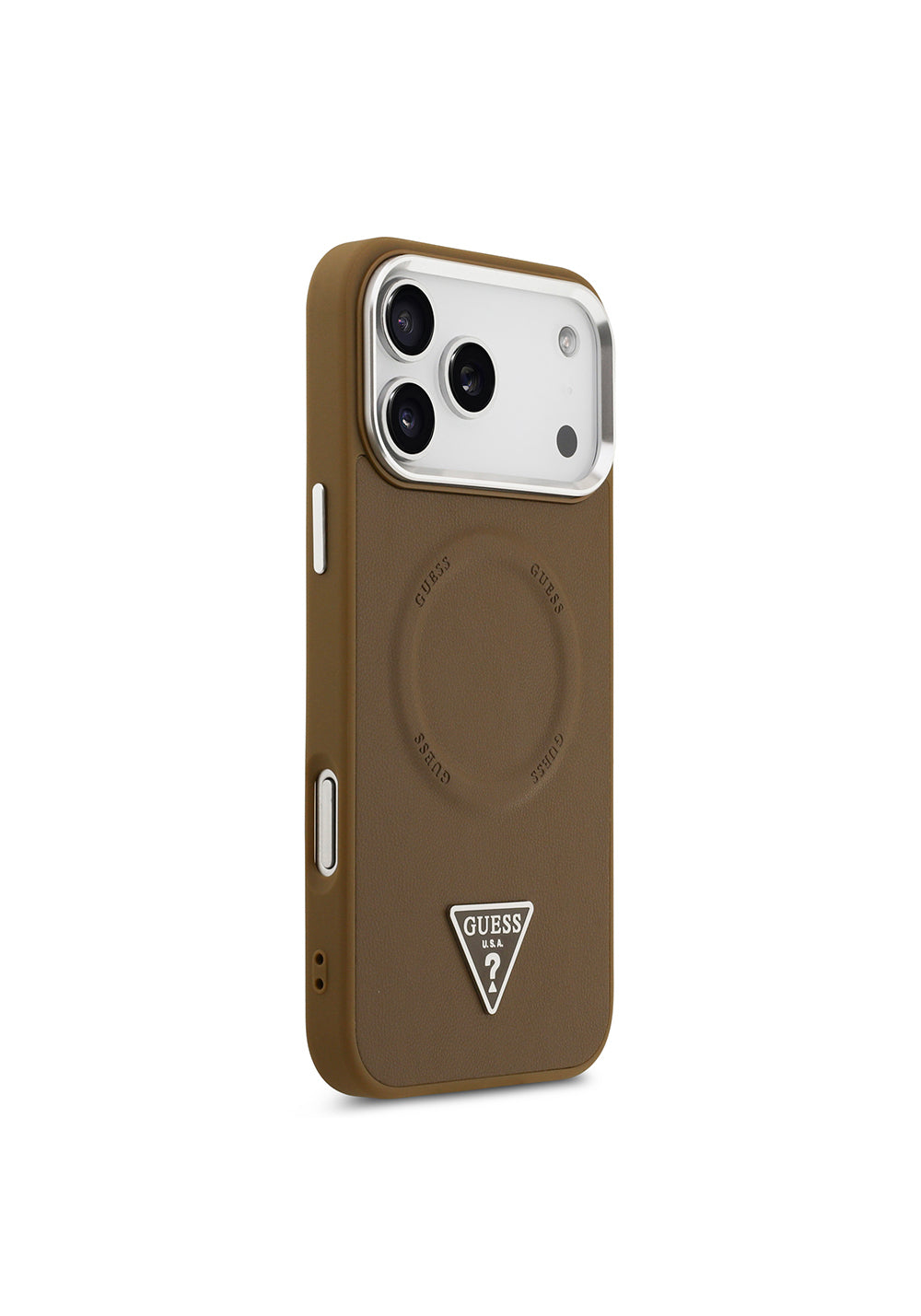 Apple iPhone 17 Pro Max Kılıf Guess Orijinal Lisanslı Manyetik Şarj Uyumlu PU Deri Metal Kamera Çerçeveli Üçgen Logolu Kapak