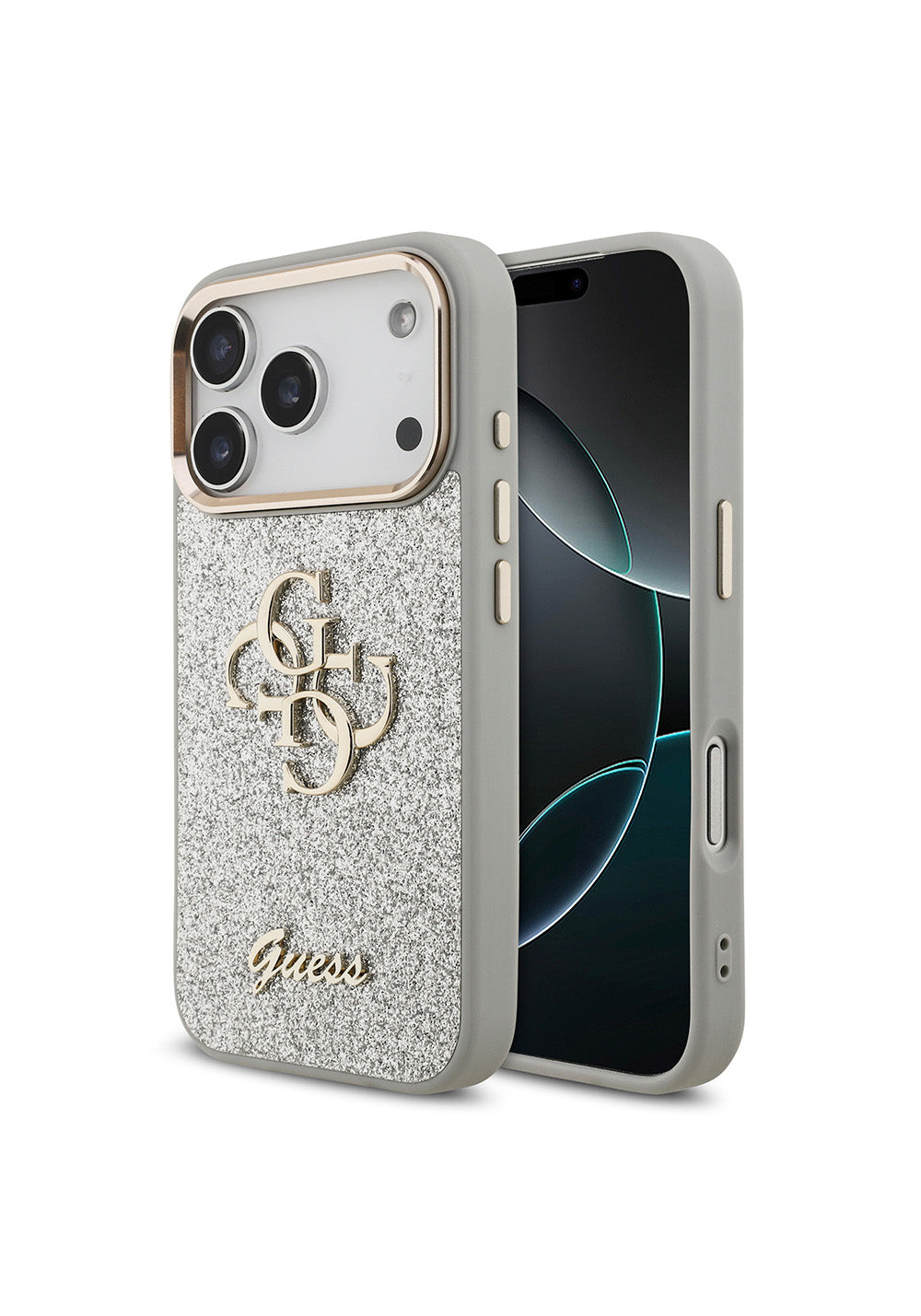 Apple iPhone 17 Pro Kılıf Guess Orijinal Lisanslı 4G Büyük Metal Kamera Çerçeveli ve Logolu Glitter Kapak