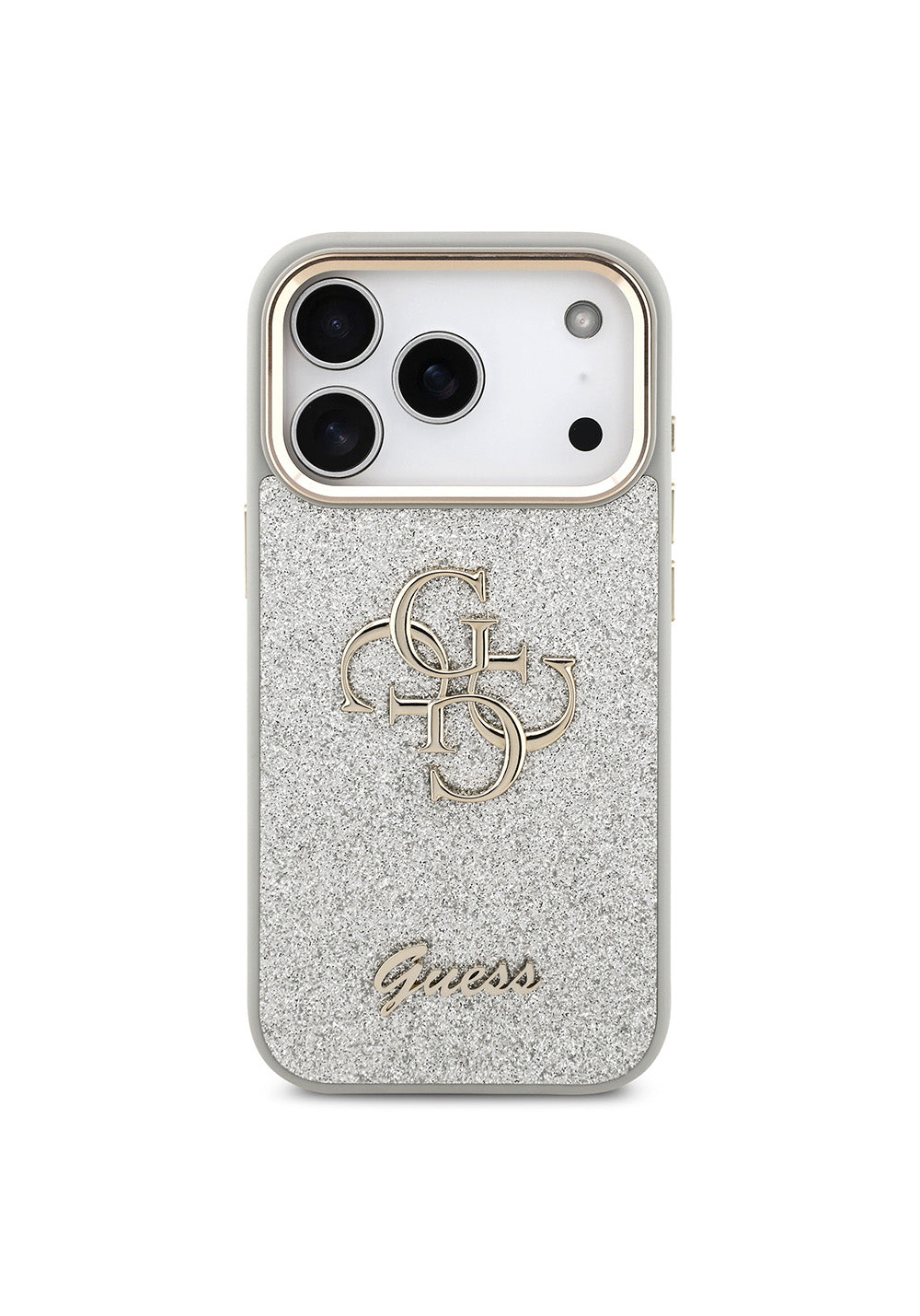 Apple iPhone 17 Pro Kılıf Guess Orijinal Lisanslı 4G Büyük Metal Kamera Çerçeveli ve Logolu Glitter Kapak