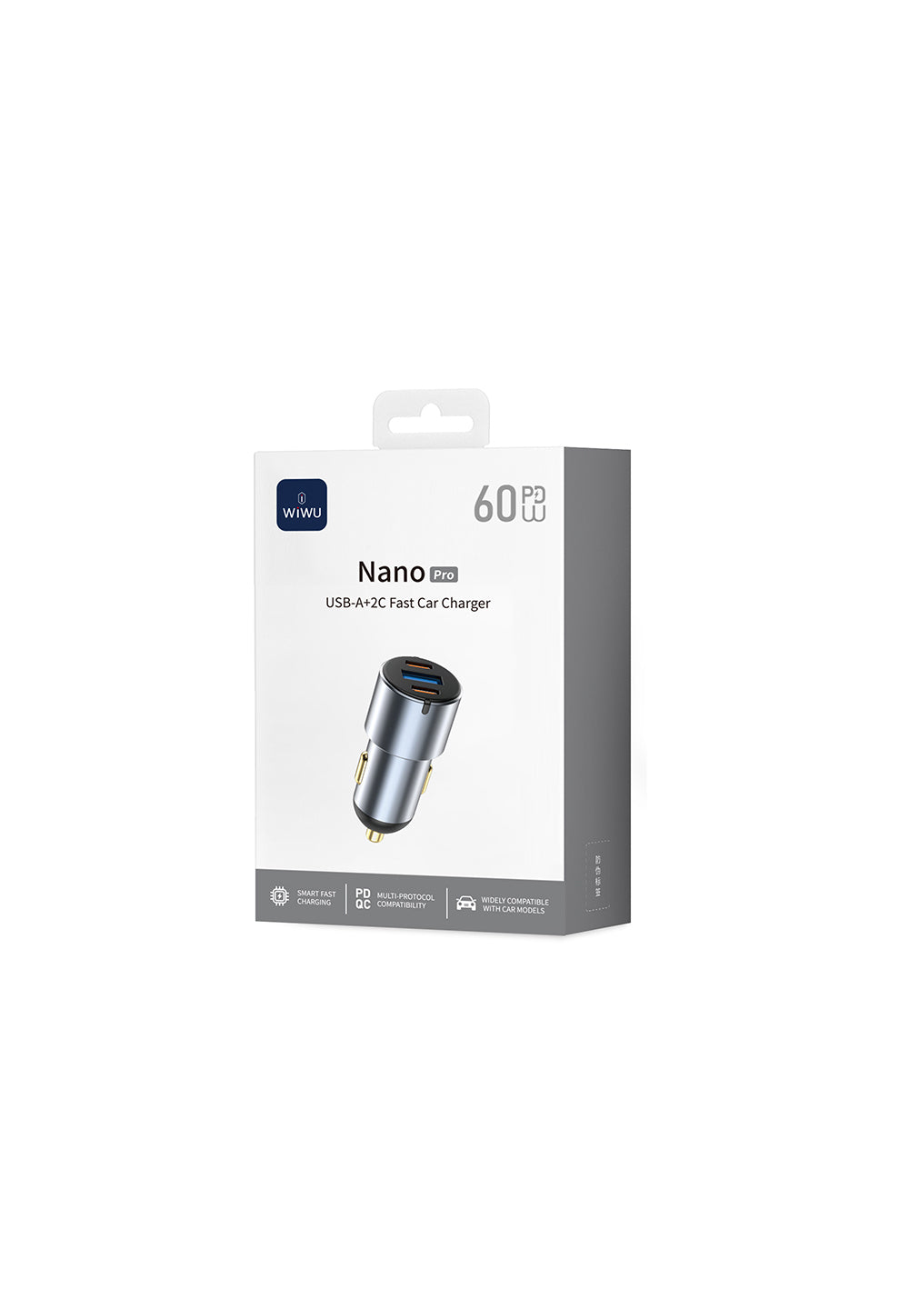 Wiwu Wi-CC032 Nano Pro Serisi Dual Type-C + USB-A Hızlı Şarj Özellikli Akım Korumalı Araç Şarj Aleti PD VE QC3.0 60W