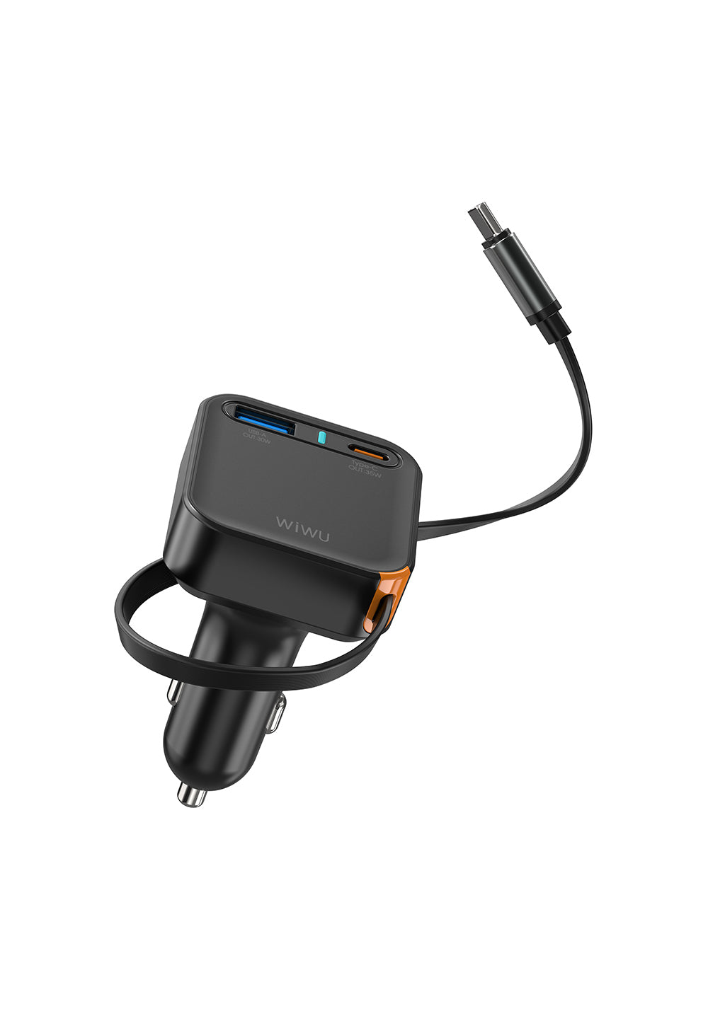 Wiwu Wi-CC033 Type-C + USB-A Hızlı Şarj Özellikli Akım Korumalı Dahili Kablolu Araç Şarj Aleti 65W