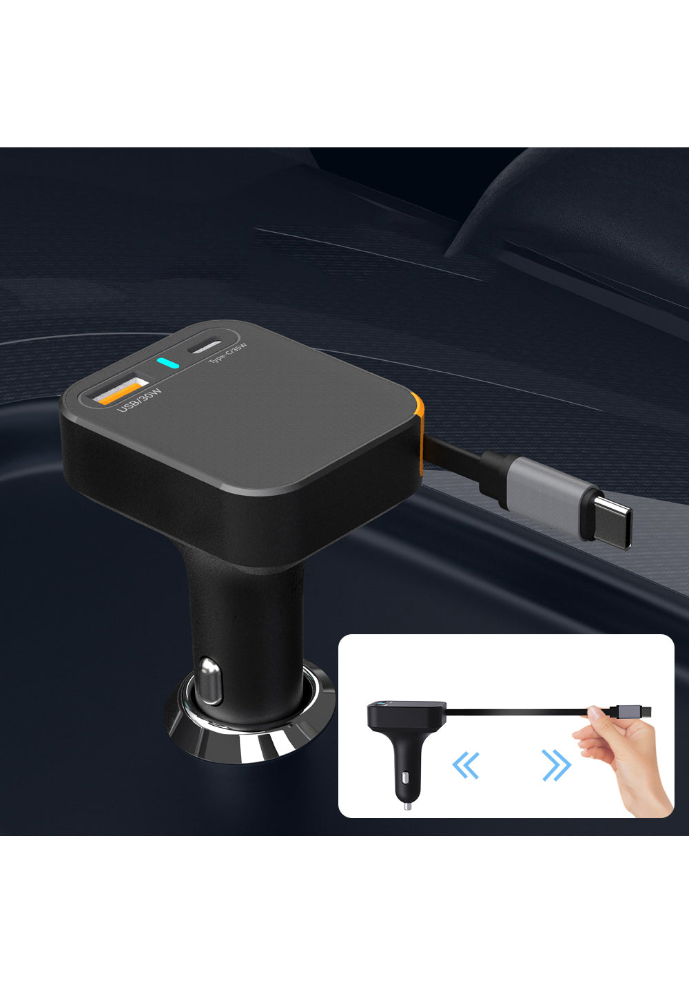 Wiwu Wi-CC033 Type-C + USB-A Hızlı Şarj Özellikli Akım Korumalı Dahili Kablolu Araç Şarj Aleti 65W