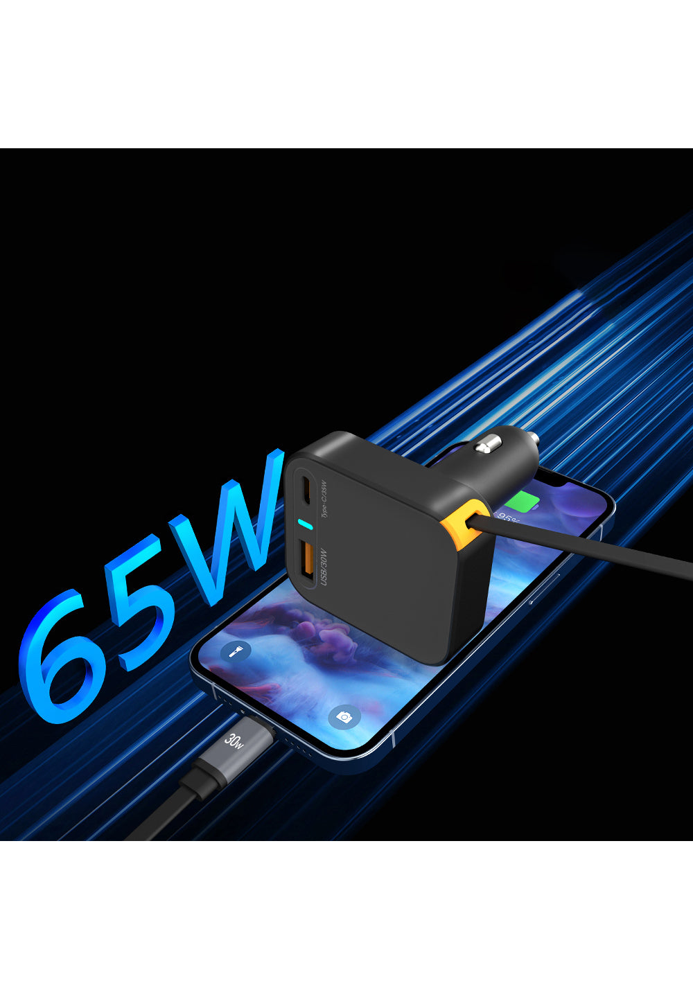 Wiwu Wi-CC033 Type-C + USB-A Hızlı Şarj Özellikli Akım Korumalı Dahili Kablolu Araç Şarj Aleti 65W