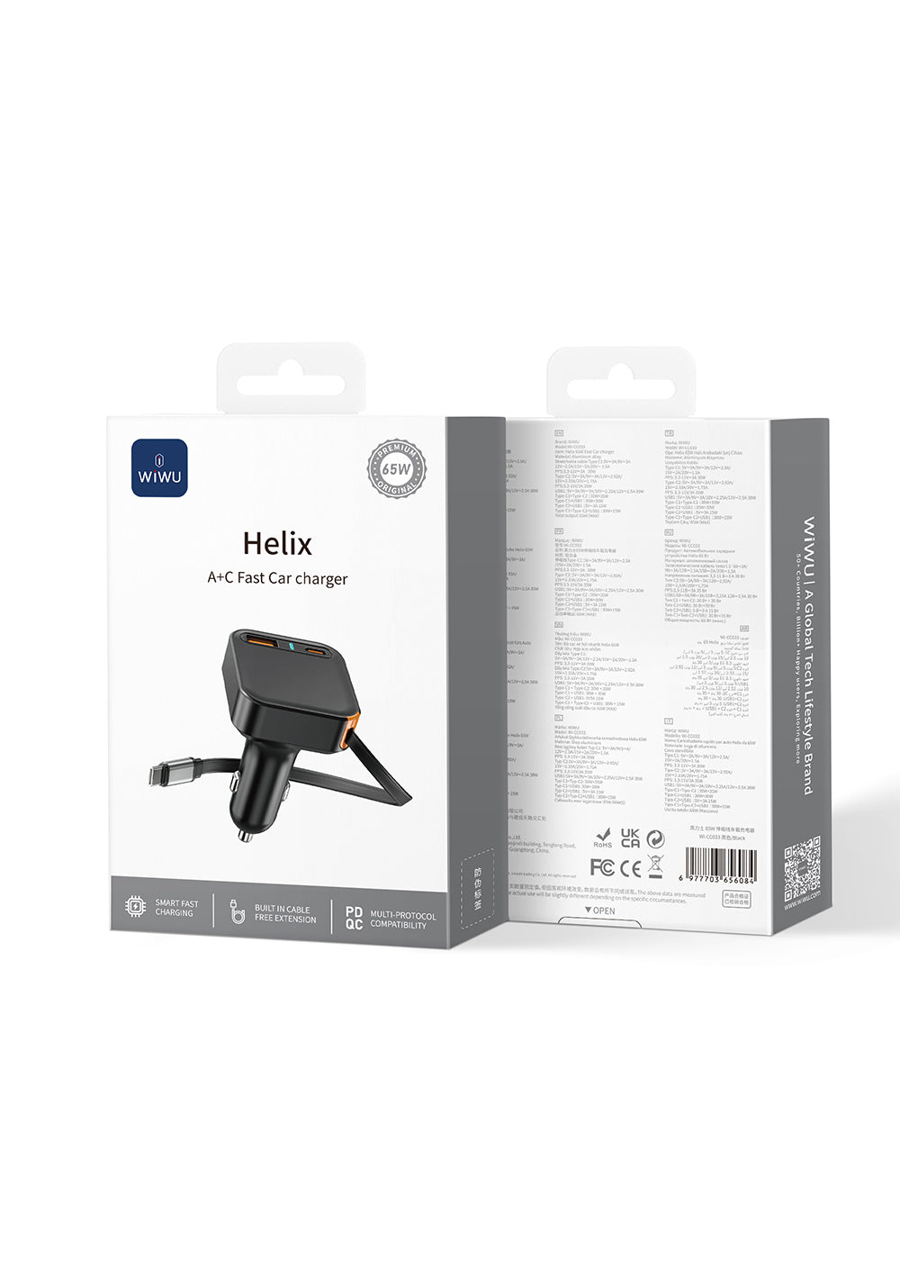 Wiwu Wi-CC033 Type-C + USB-A Hızlı Şarj Özellikli Akım Korumalı Dahili Kablolu Araç Şarj Aleti 65W