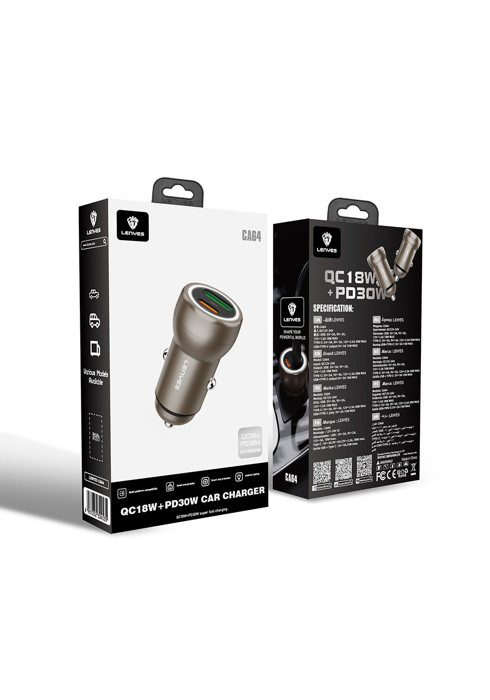 Lenyes CA64 Hızlı Şarj Özellikli Dual USB-A + Type-C Portlu PD Araç Şarj Aleti 30W