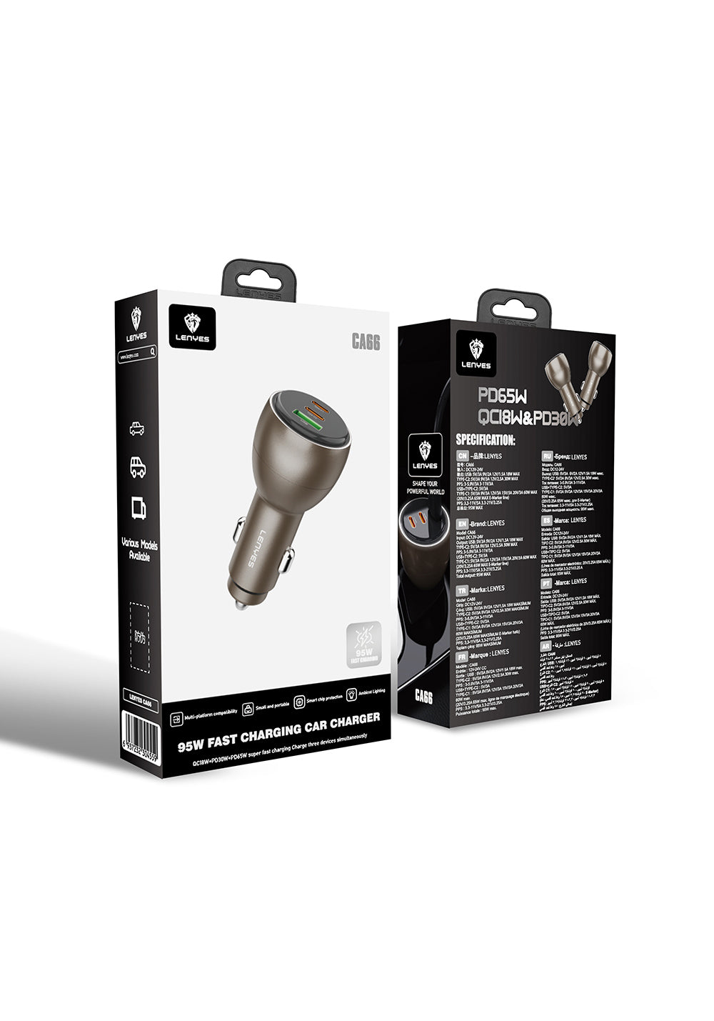 Lenyes CA66 Hızlı Şarj Özellikli Dual Type-C + Type-C + USB-A Portlu PD Araç Şarj Aleti 95W