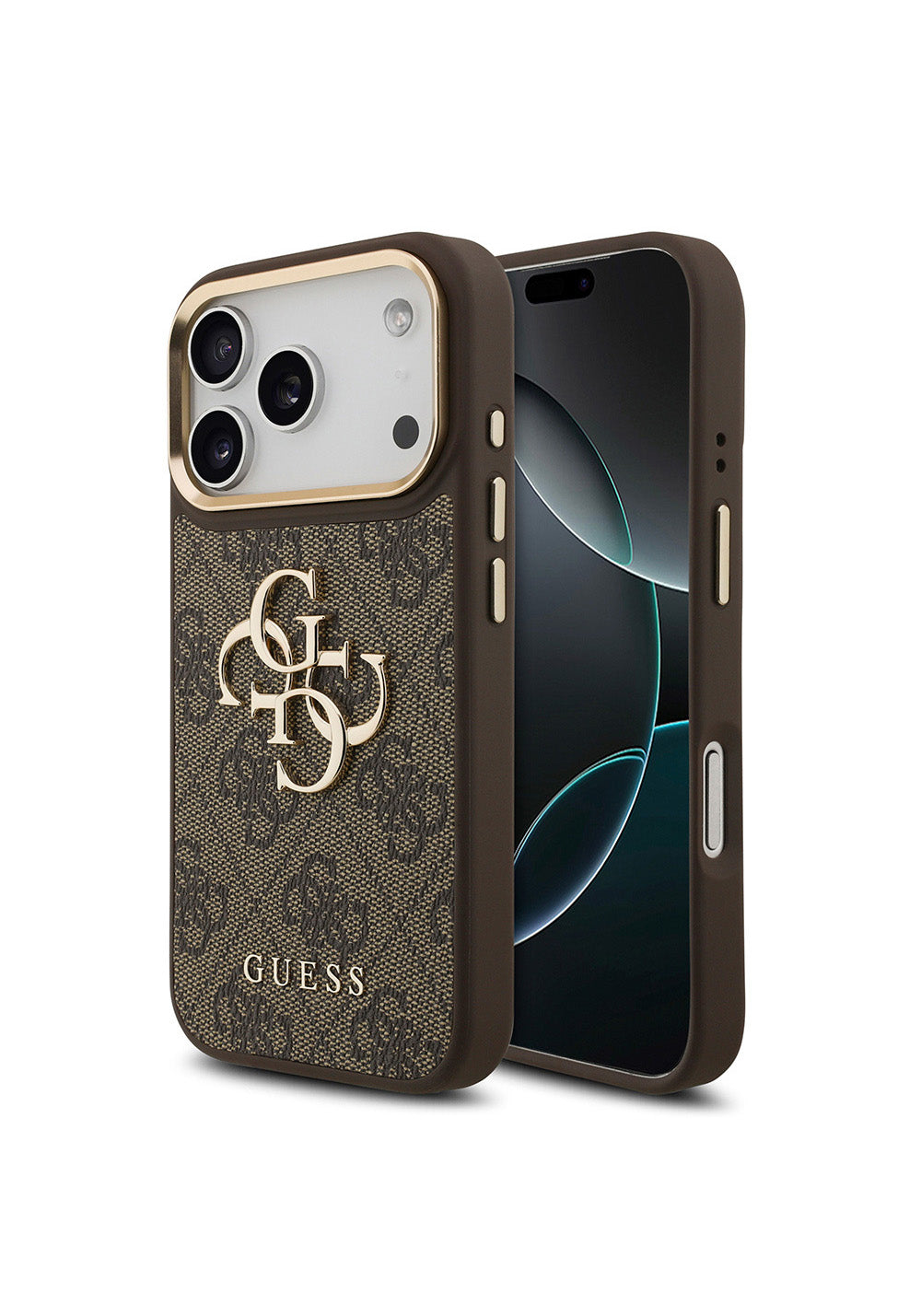 Apple iPhone 17 Pro Kılıf Guess Orijinal Lisanslı Gold Metal Kamera Çerçeveli 4G Desenli Metal Büyük 4G ve Yazı Logolu Kapak