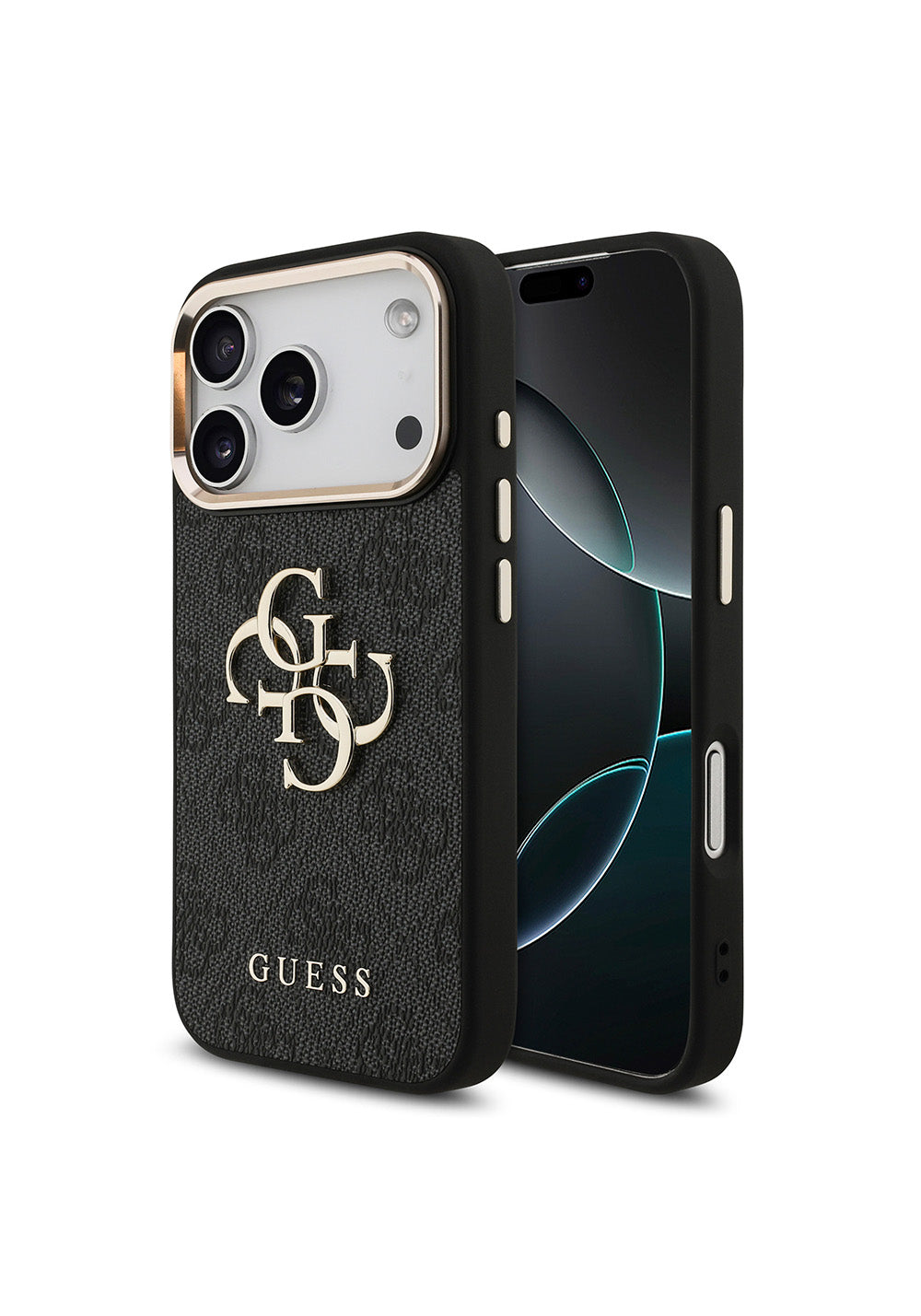 Apple iPhone 17 Pro Kılıf Guess Orijinal Lisanslı Gold Metal Kamera Çerçeveli 4G Desenli Metal Büyük 4G ve Yazı Logolu Kapak